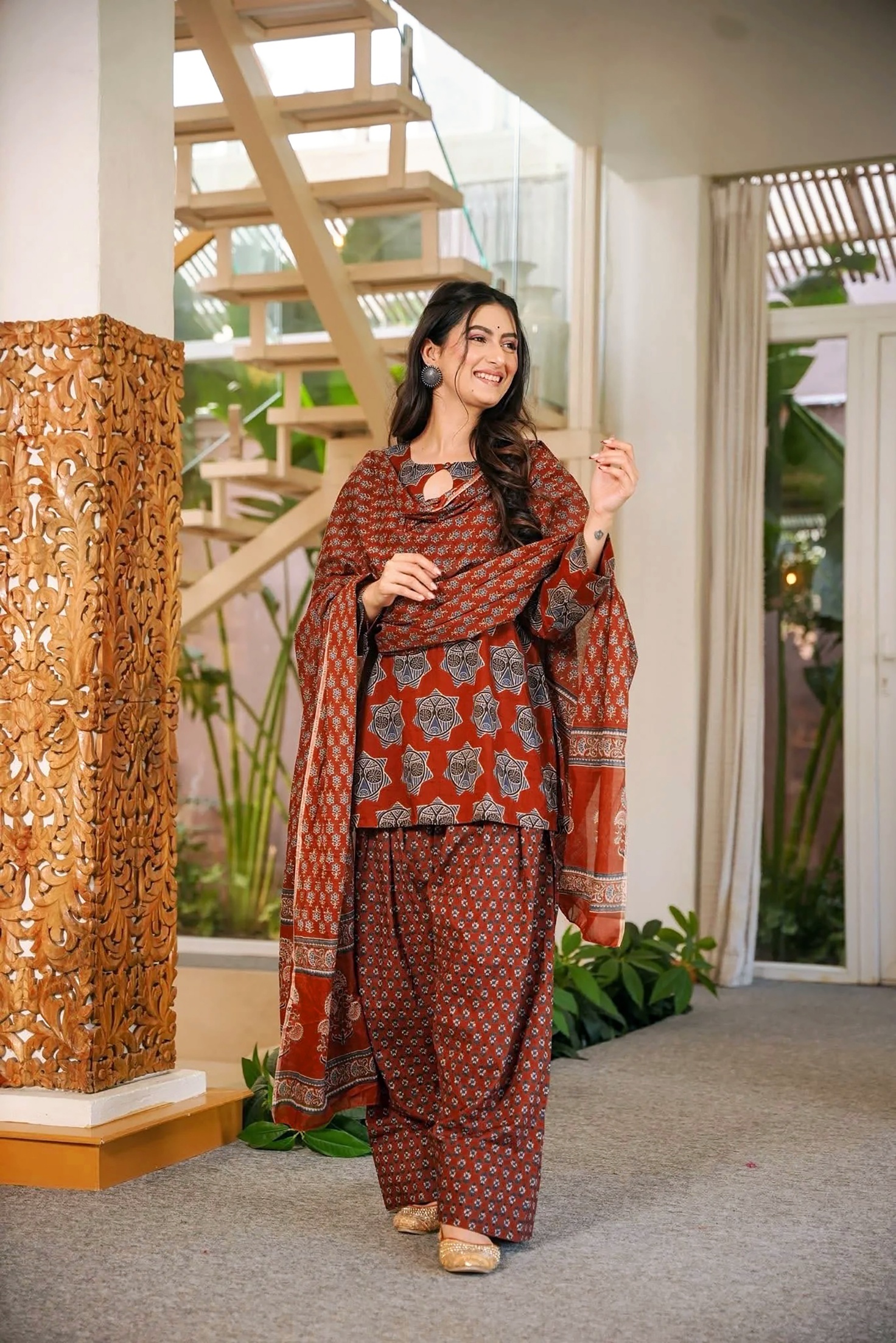 Rust Cambric Cotton Geometric Digital Printed Kurta Set