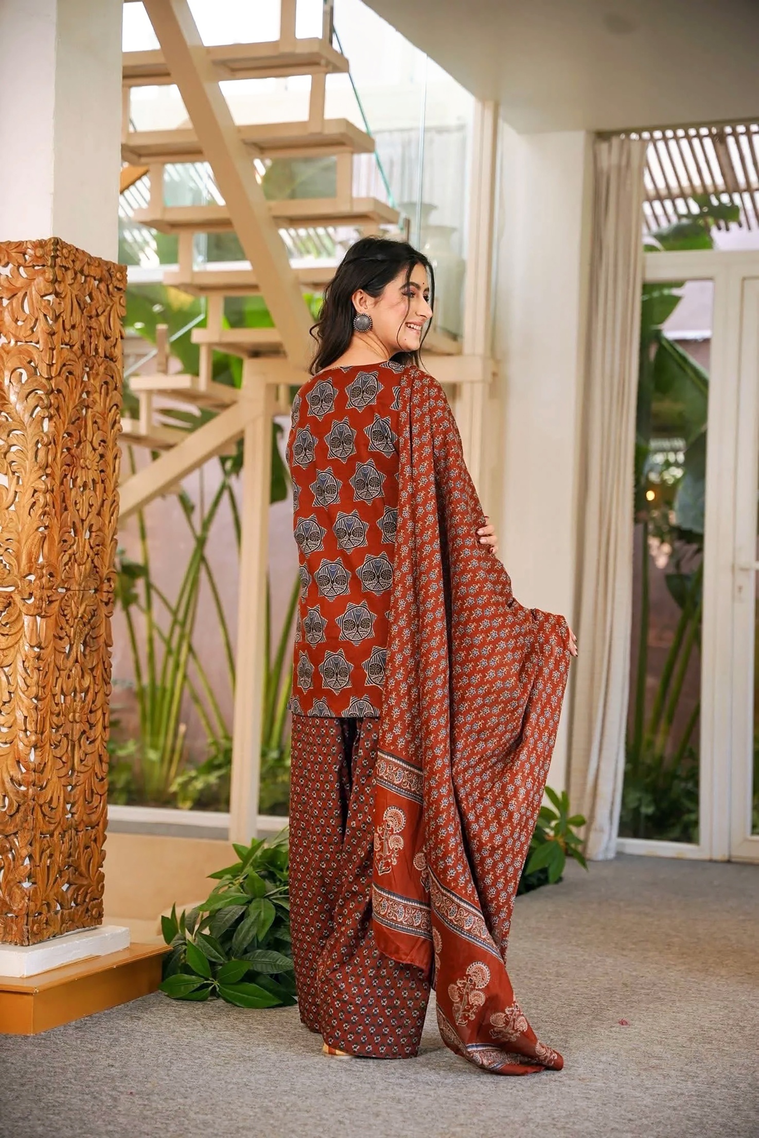 Rust Cambric Cotton Geometric Digital Printed Kurta Set