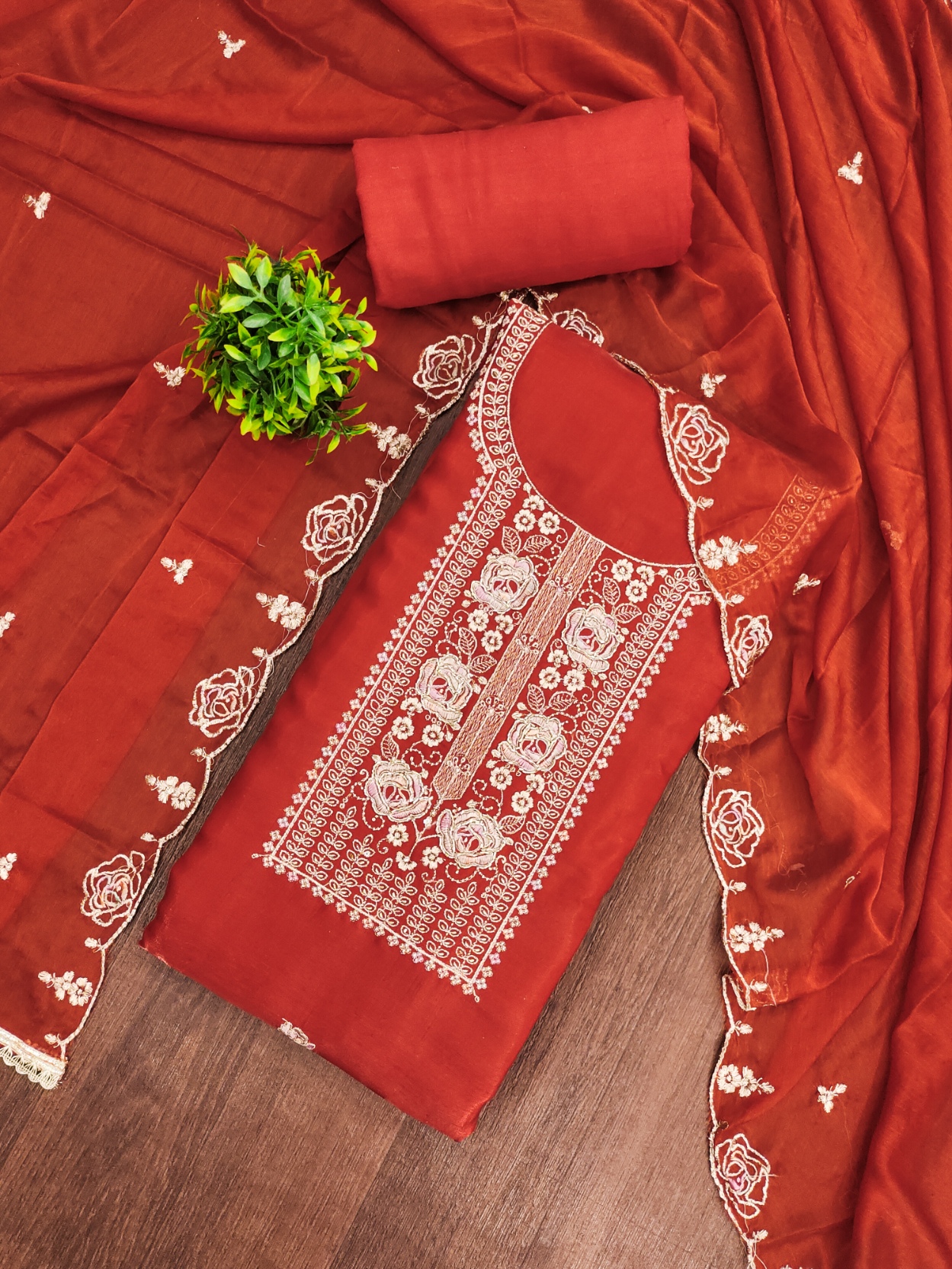 Rust Classic Embroidered Straight Salwar Suit