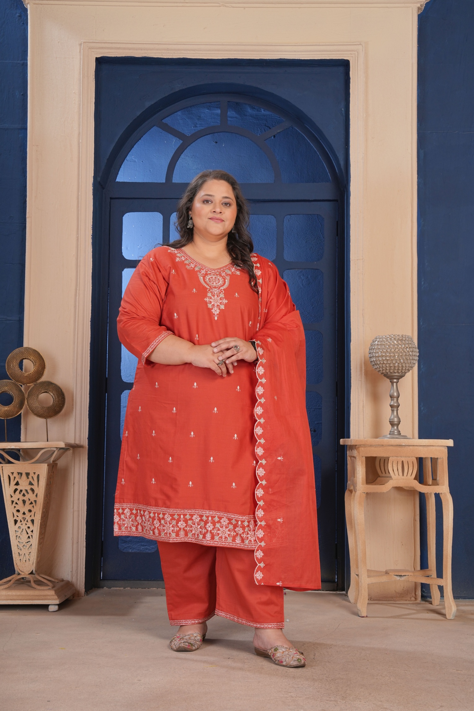 Rust Cotton Ornamental Threadwork Straight Kurta Set