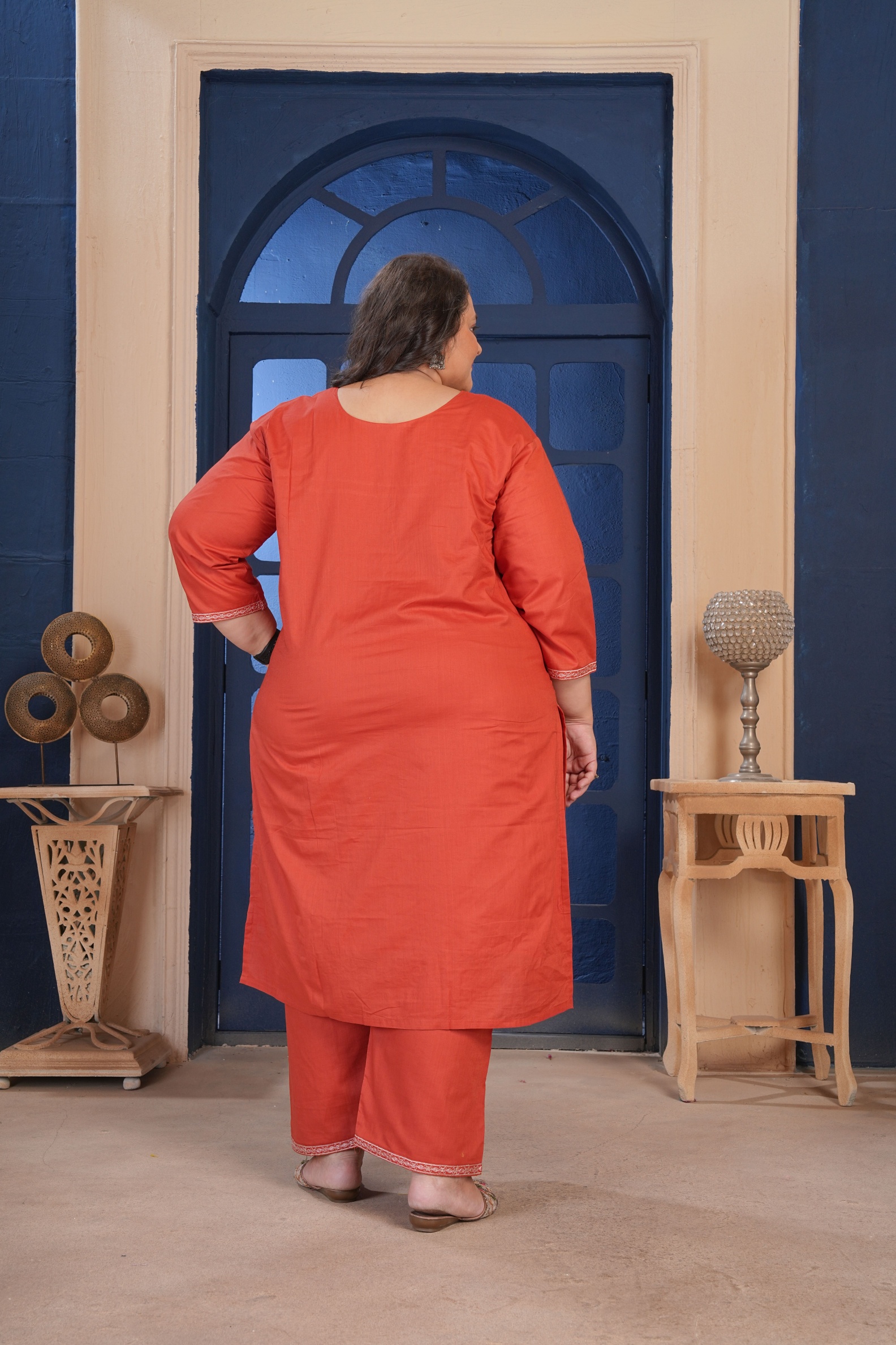 Rust Cotton Ornamental Threadwork Straight Kurta Set — alternate view
