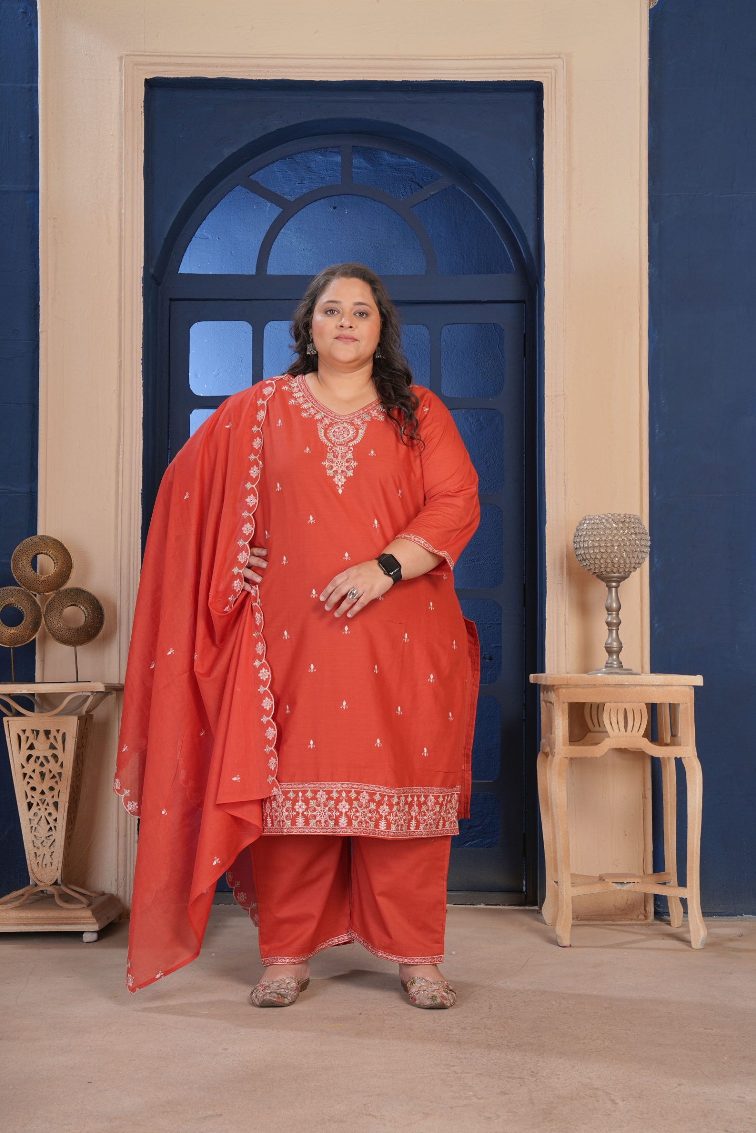 Rust Cotton Ornamental Threadwork Straight Kurta Set