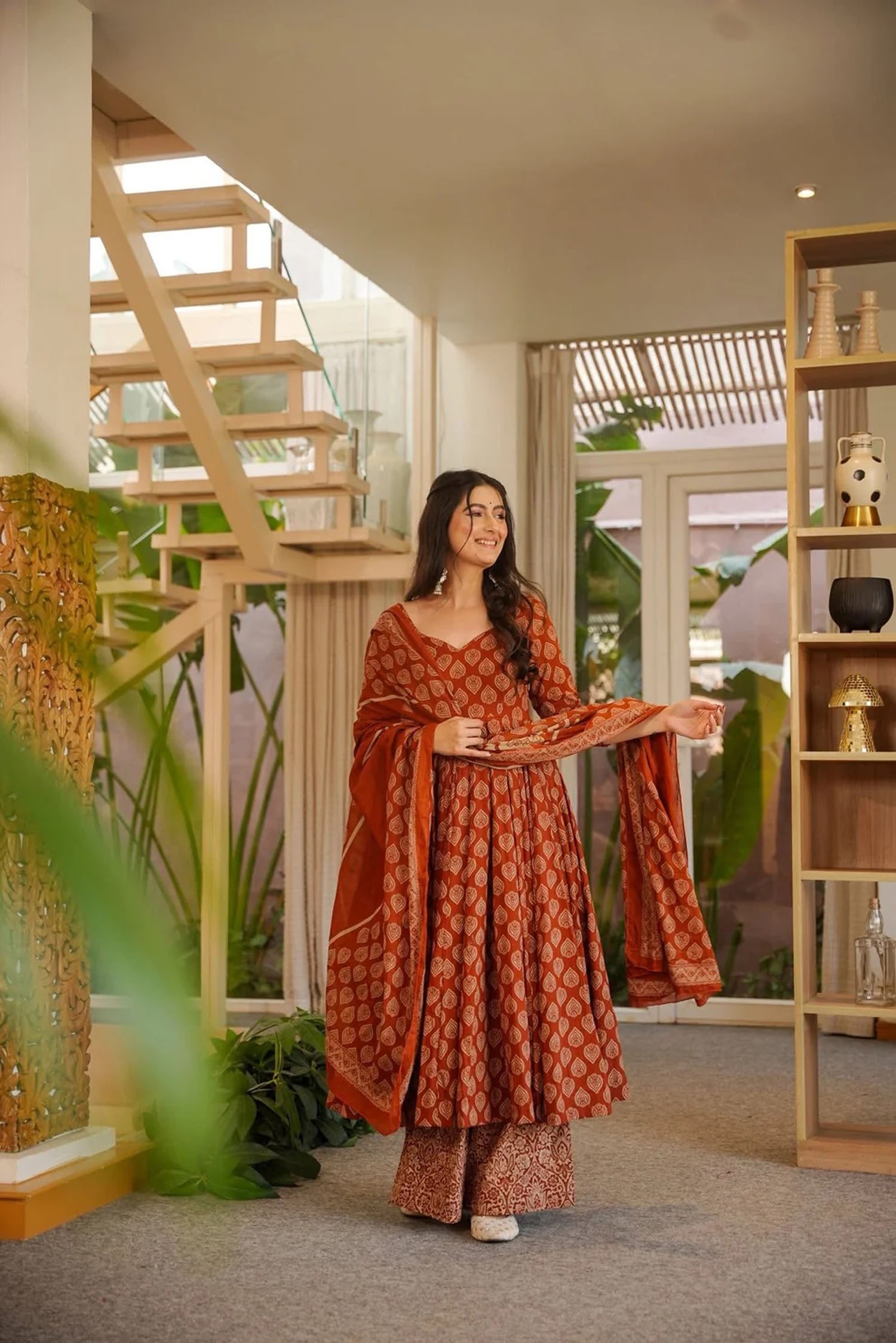 Rust Cotton Silk Ethnic Digital Printed Festive Anarkali Suit