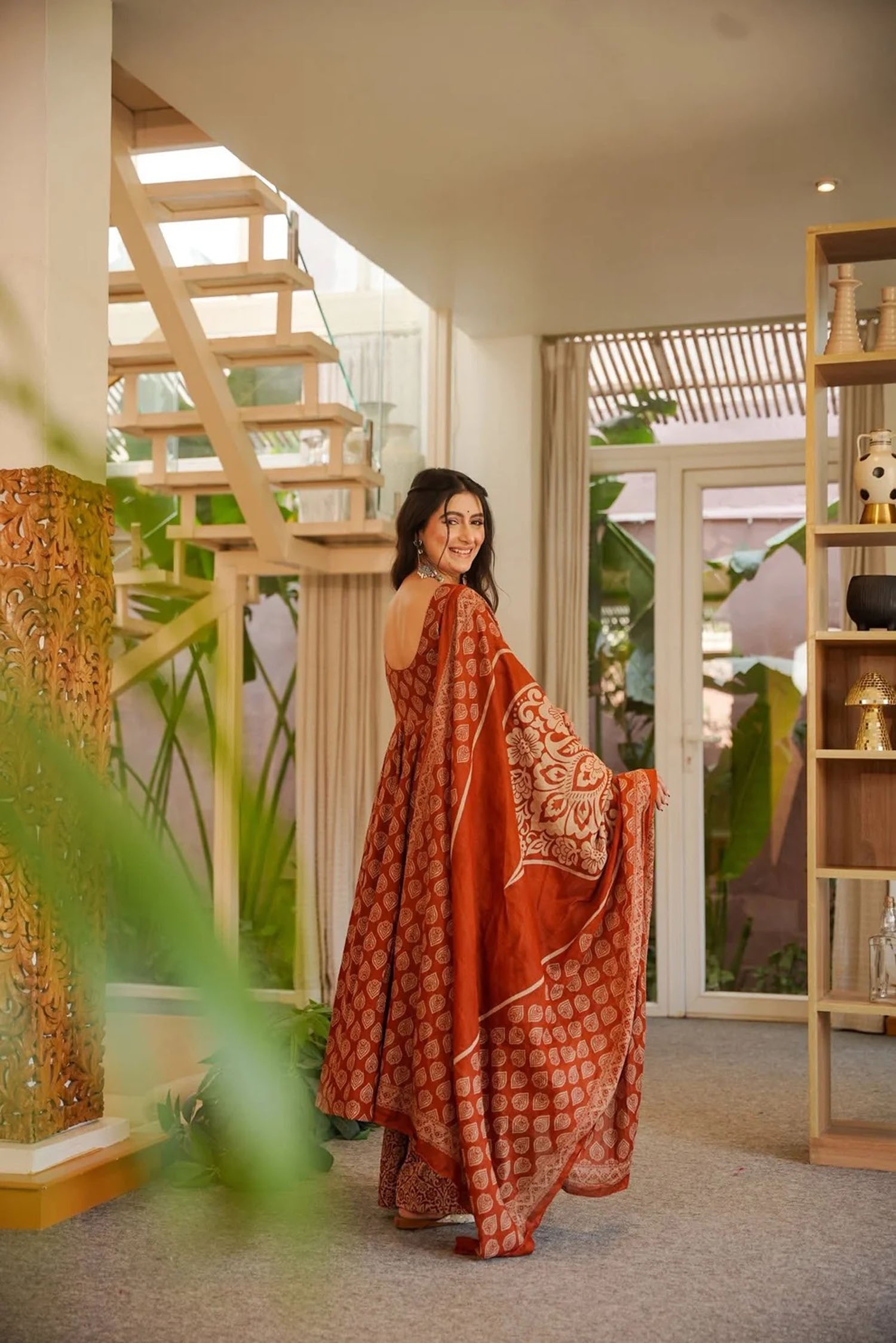 Rust Cotton Silk Ethnic Digital Printed Festive Anarkali Suit — alternate view