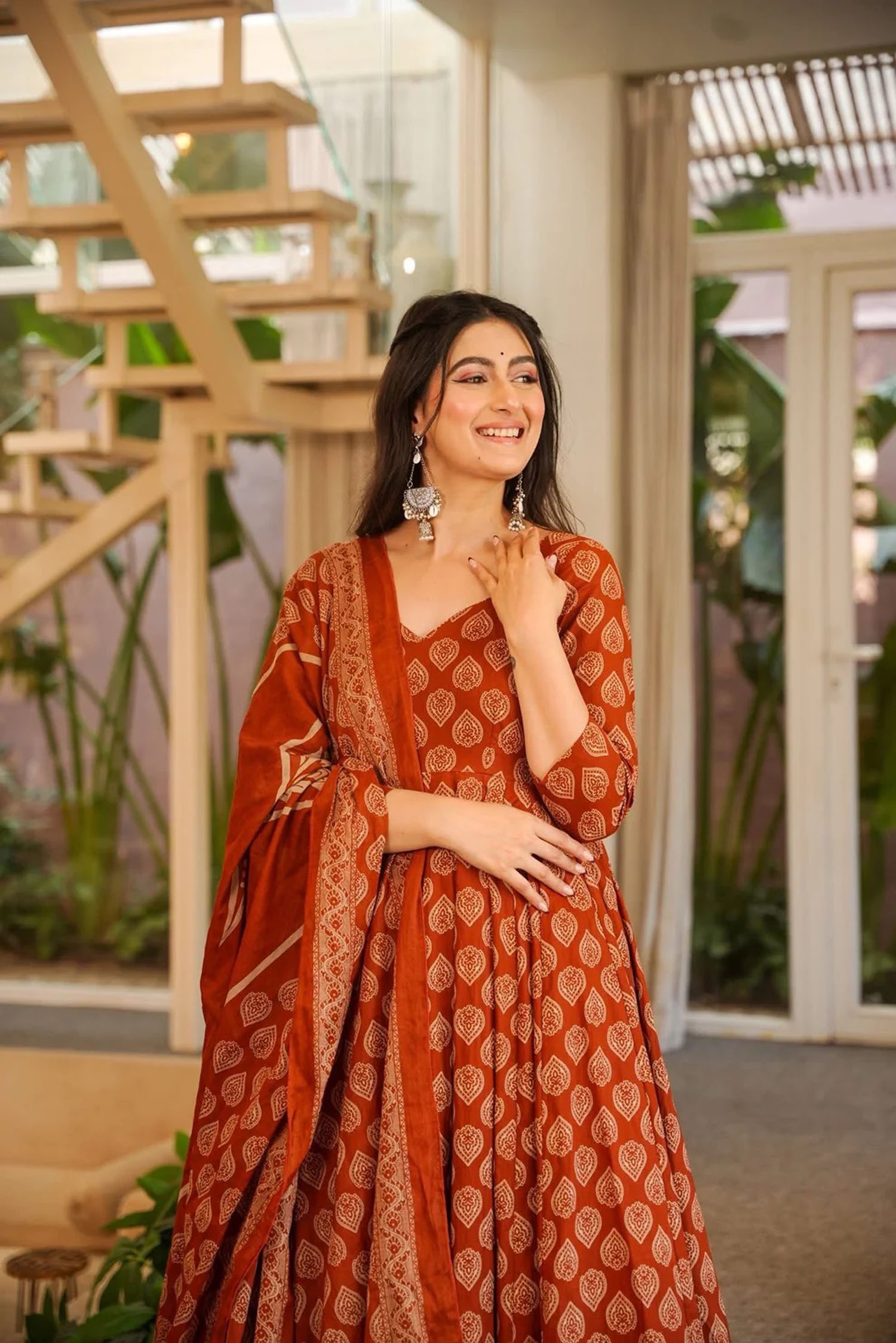 Rust Cotton Silk Ethnic Digital Printed Festive Anarkali Suit