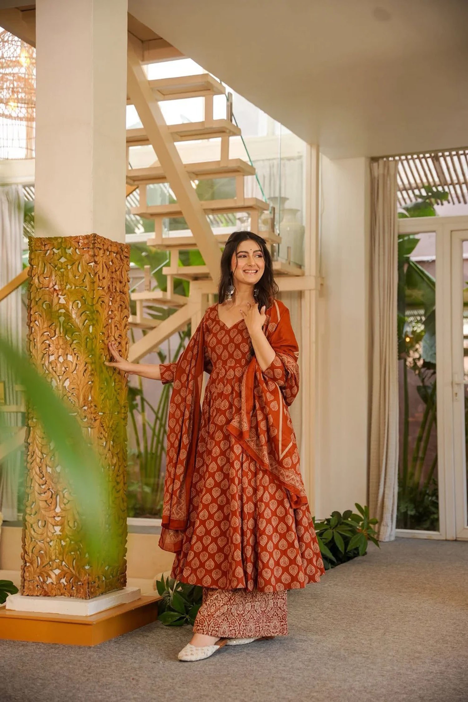 Rust Cotton Silk Ethnic Digital Printed Festive Anarkali Suit