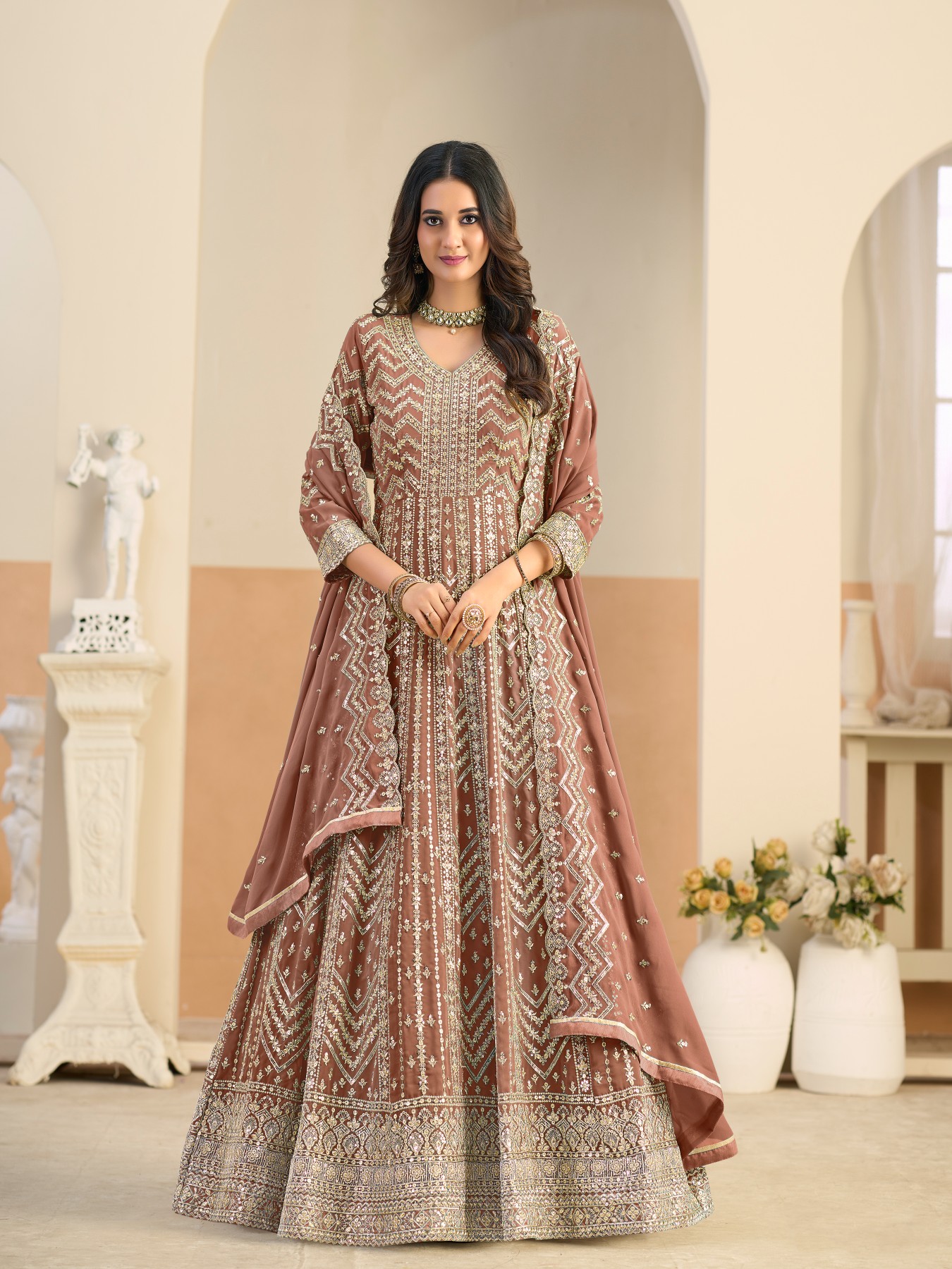 Rust Designer Embroidered Faux Georgette Anarkali Suit