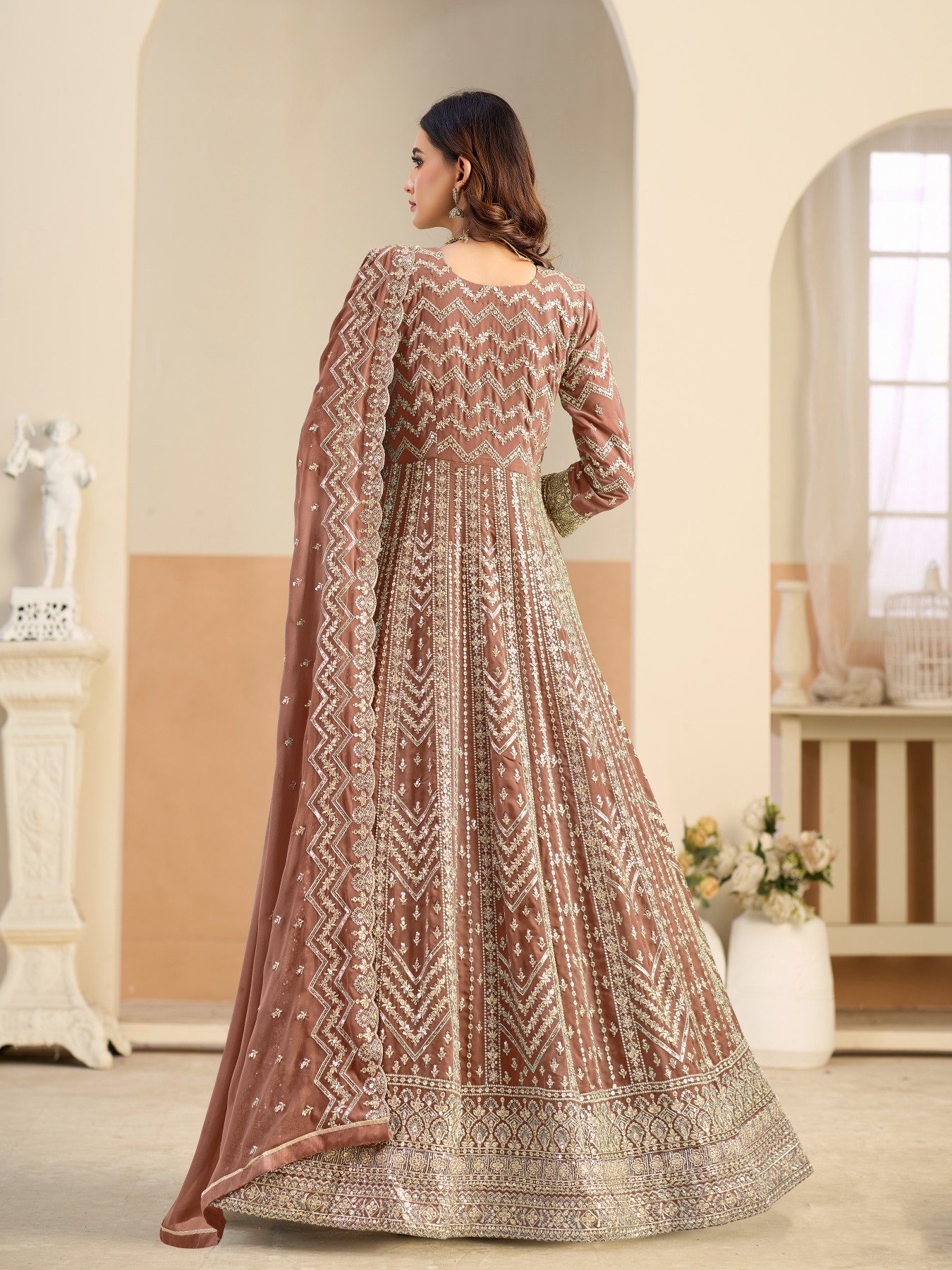 Rust Designer Embroidered Faux Georgette Anarkali Suit — alternate view
