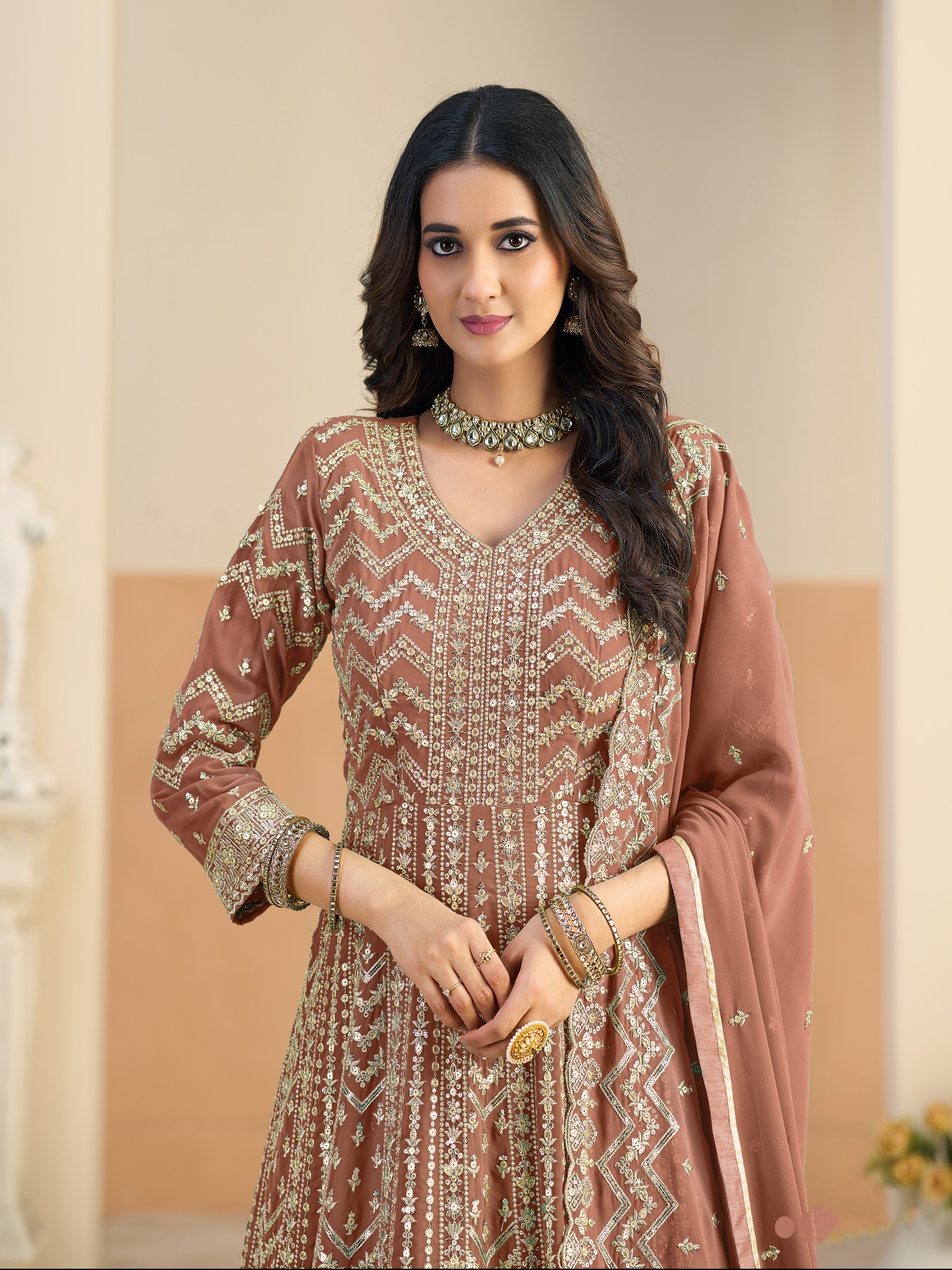 Rust Designer Embroidered Faux Georgette Anarkali Suit
