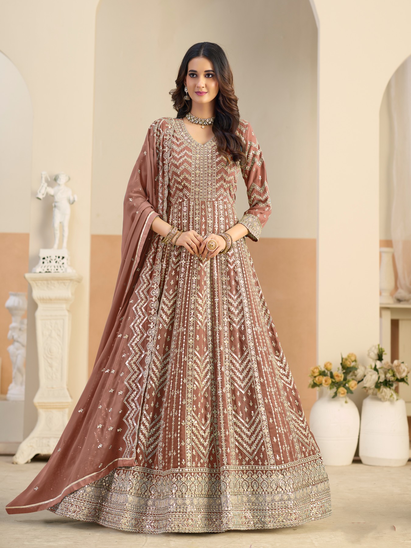 Rust Designer Embroidered Faux Georgette Anarkali Suit
