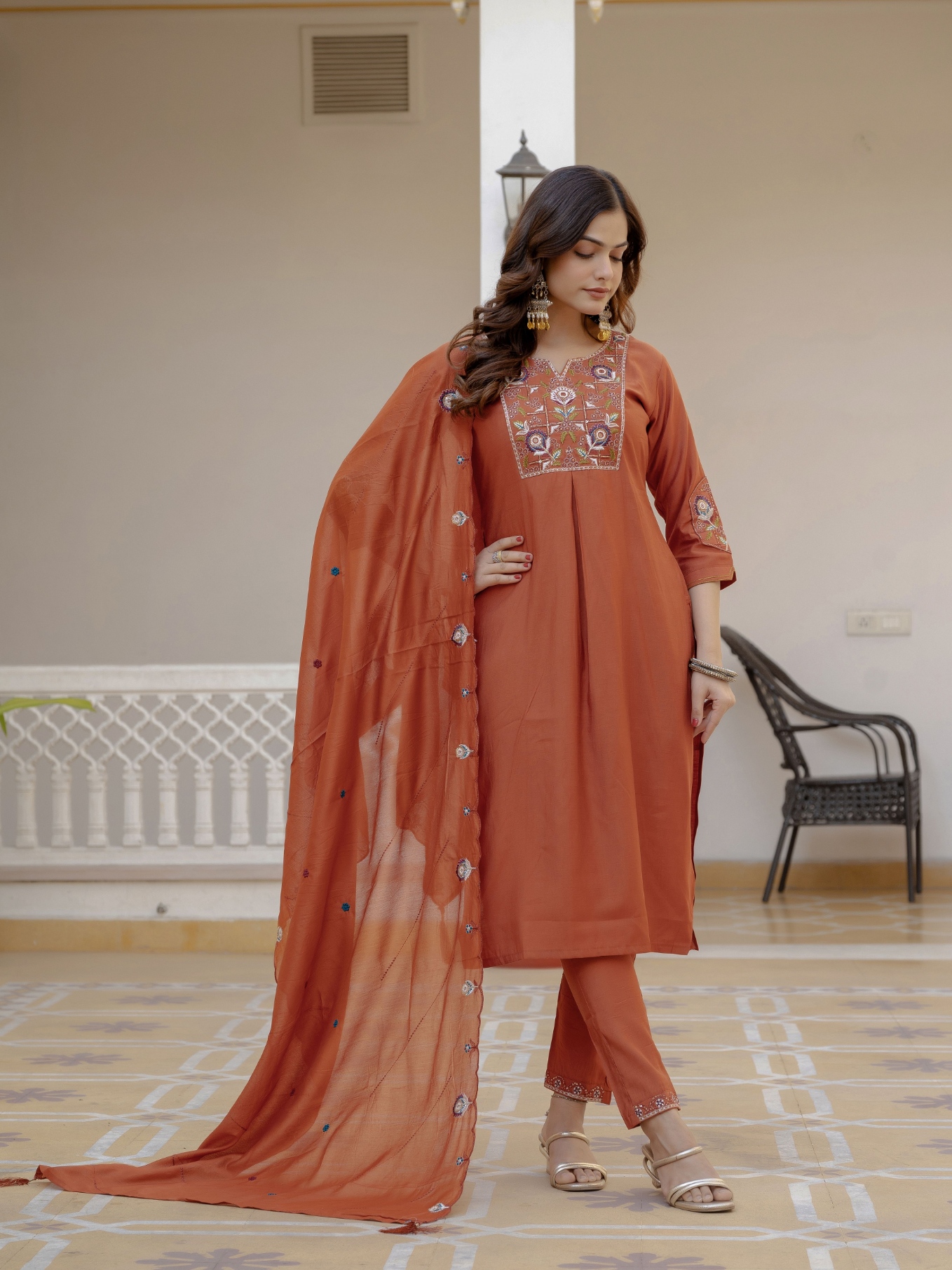Rust Designer Embroidered Viscose Silk Anarkali Suit