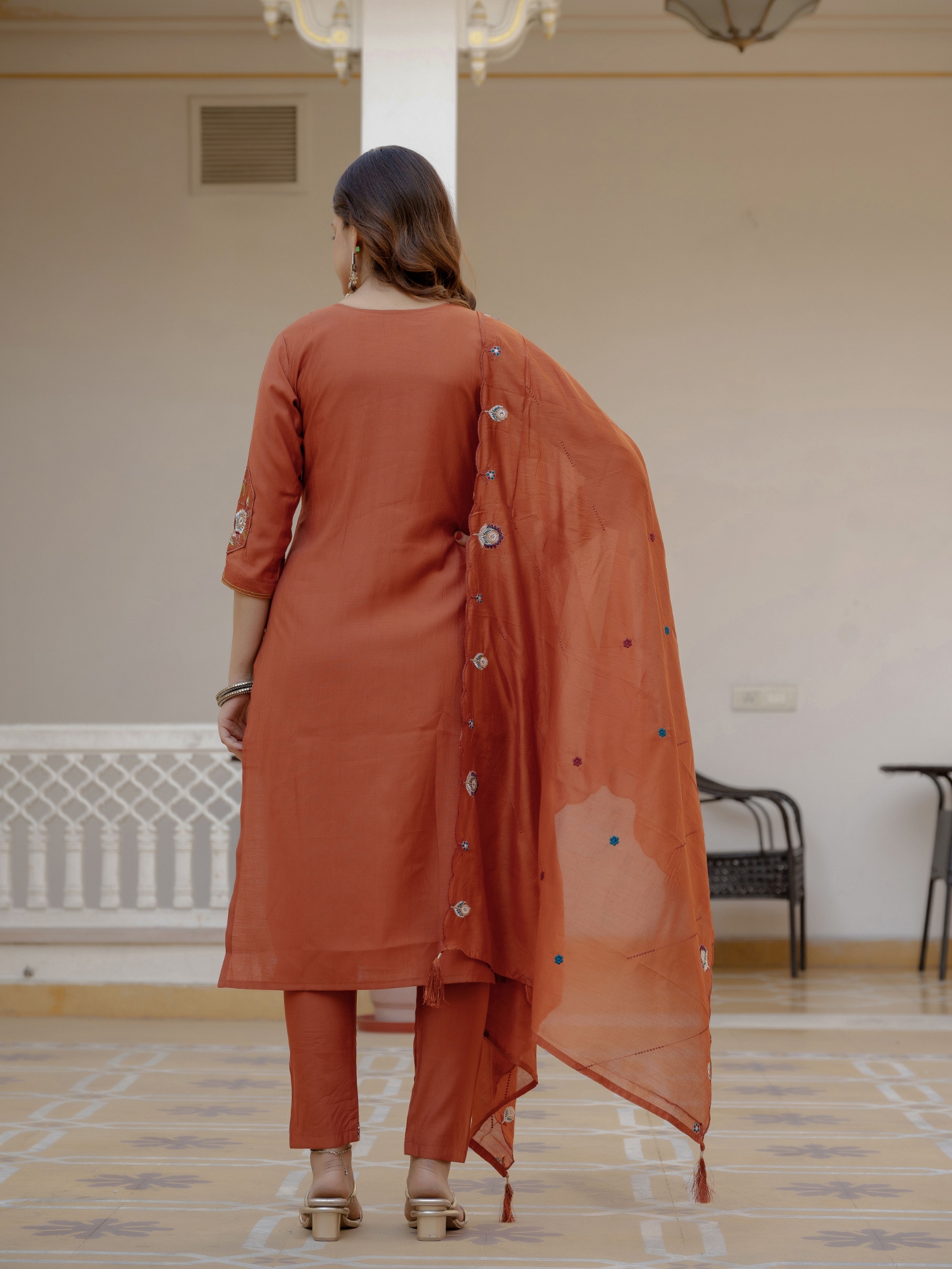Rust Designer Embroidered Viscose Silk Anarkali Suit — alternate view