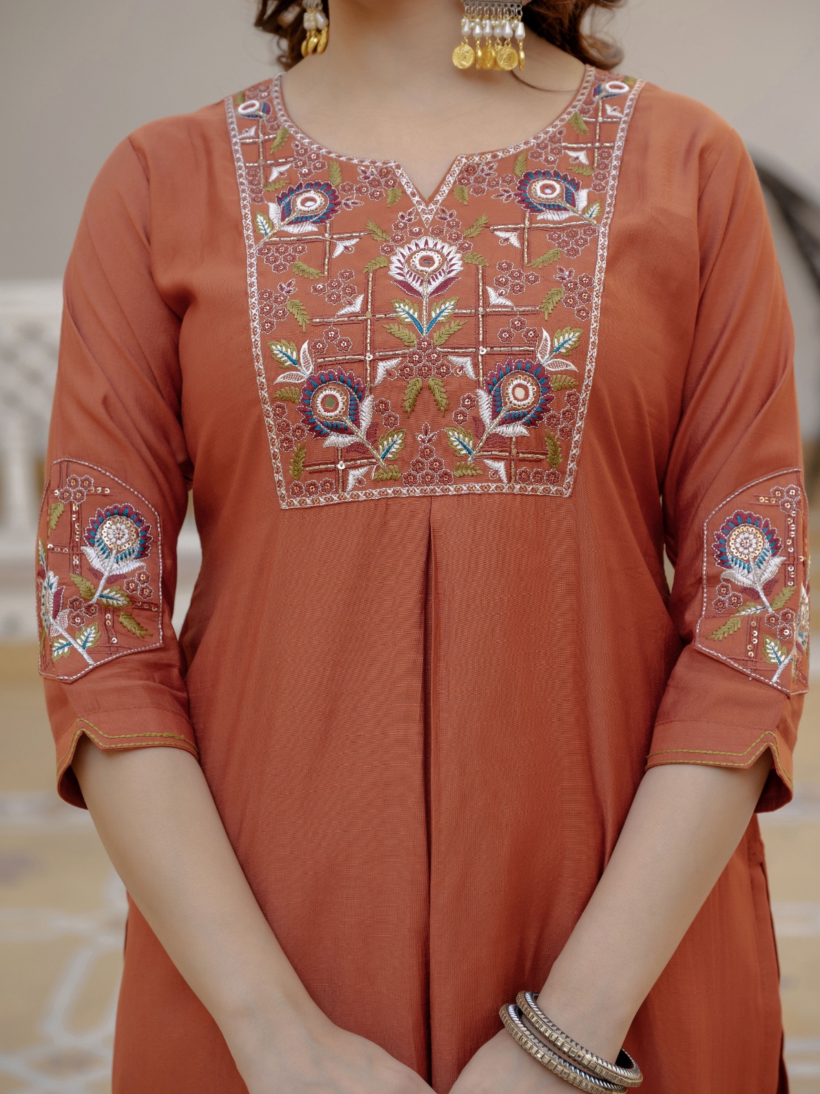 Rust Designer Embroidered Viscose Silk Anarkali Suit