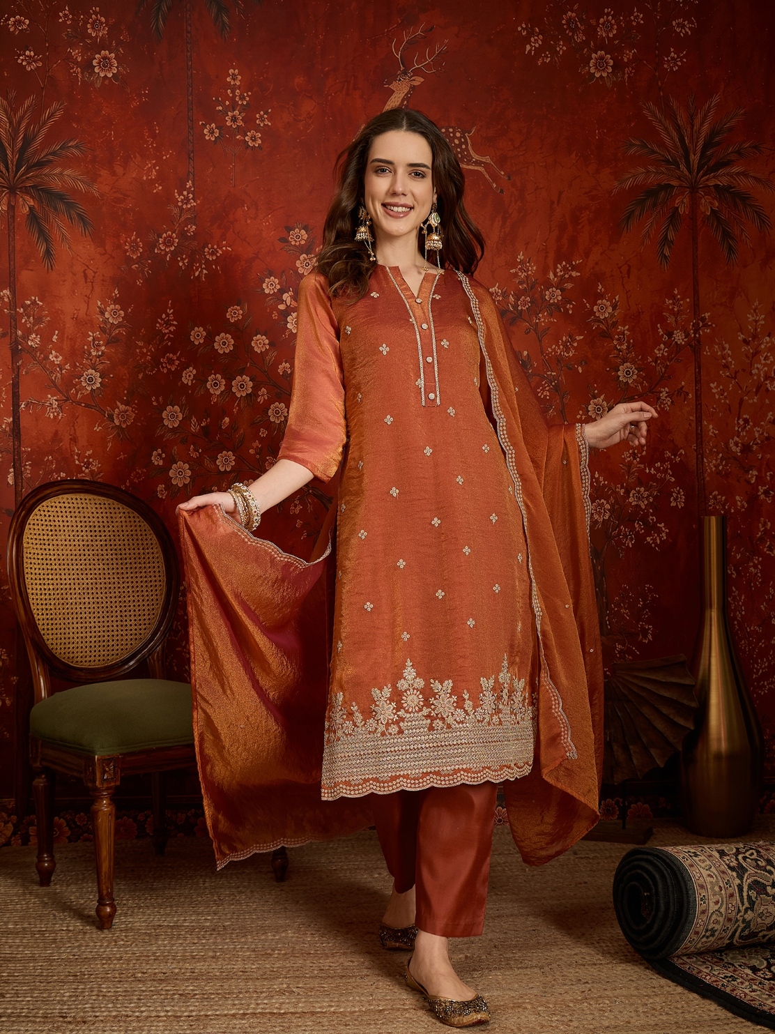 Rust Designer Embroidery Silk Straight Suit