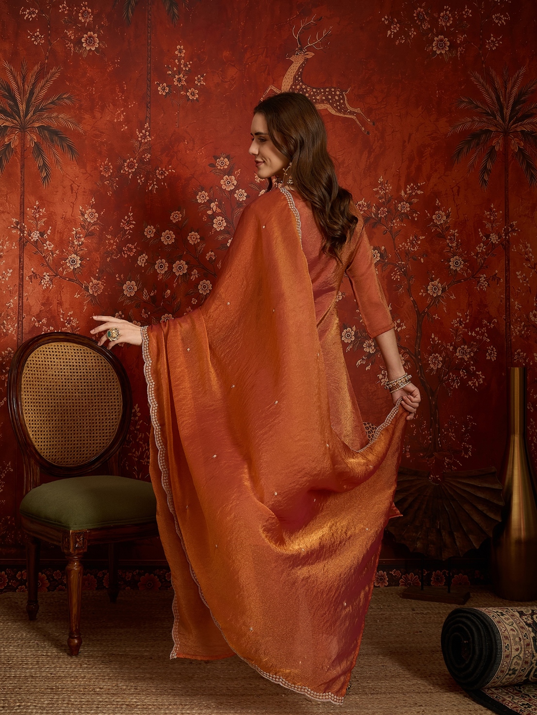 Rust Designer Embroidery Silk Straight Suit — alternate view