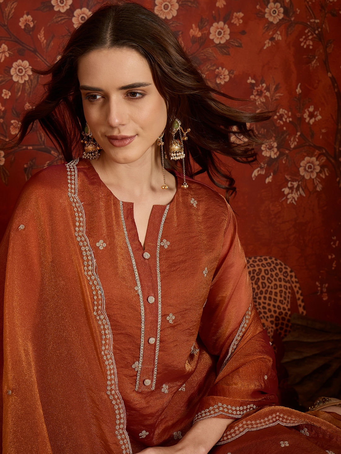 Rust Designer Embroidery Silk Straight Suit