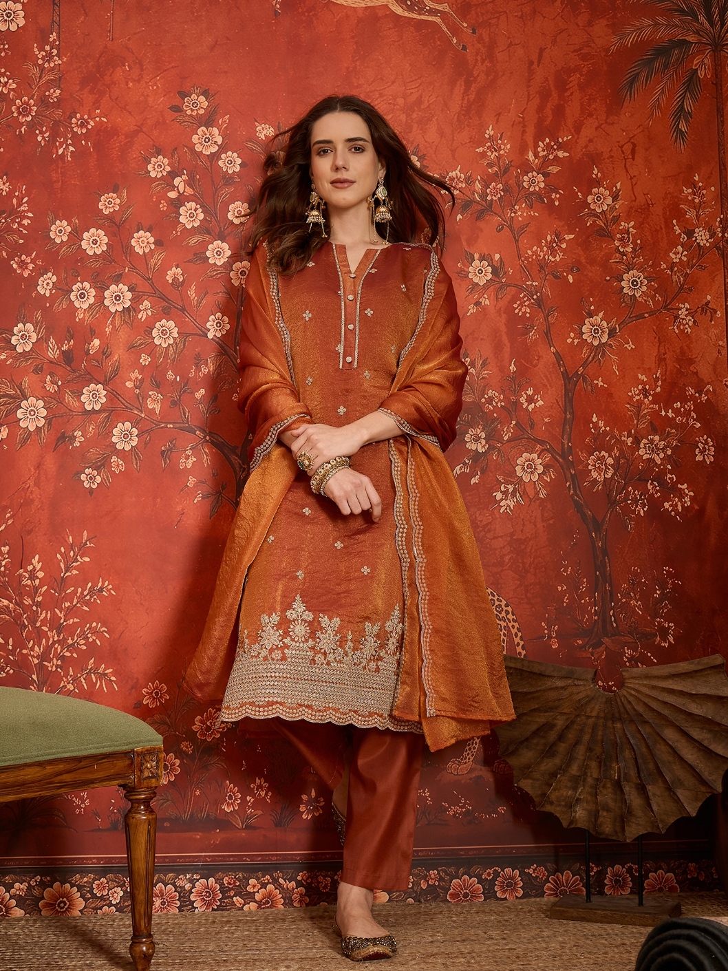 Rust Designer Embroidery Silk Straight Suit