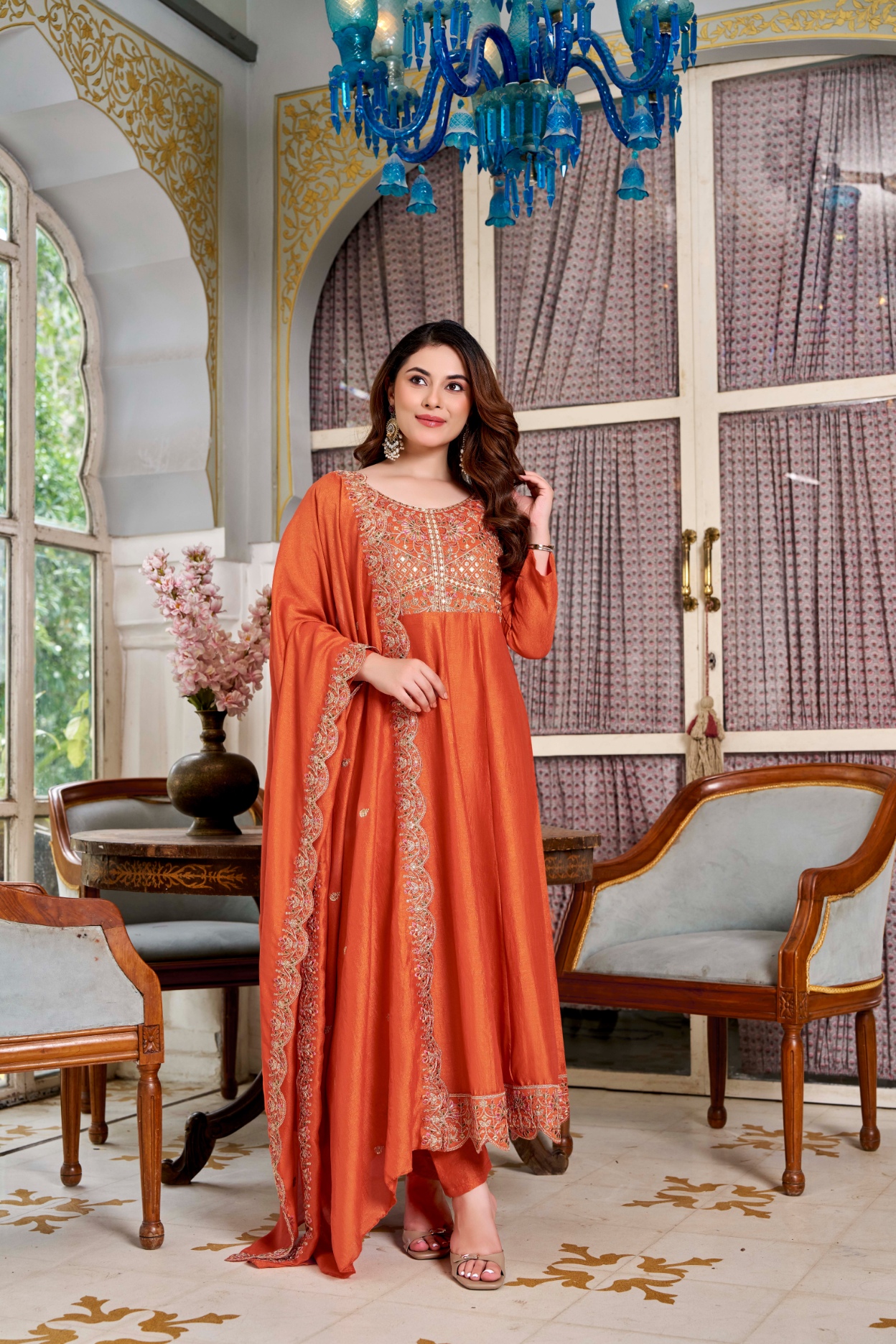 Rust Designer Embroidery Vichitra Anarkali Suit