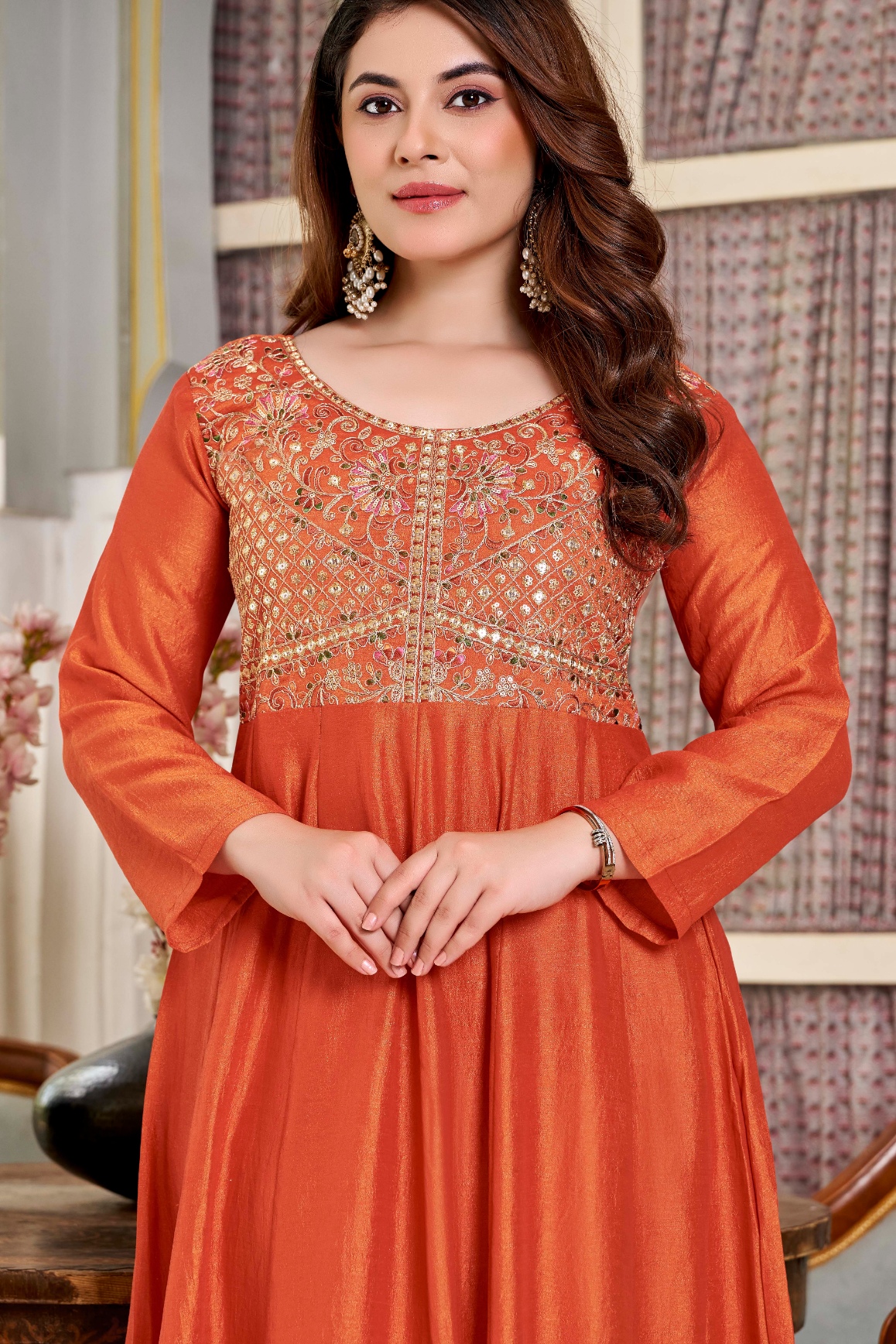 Rust Designer Embroidery Vichitra Anarkali Suit