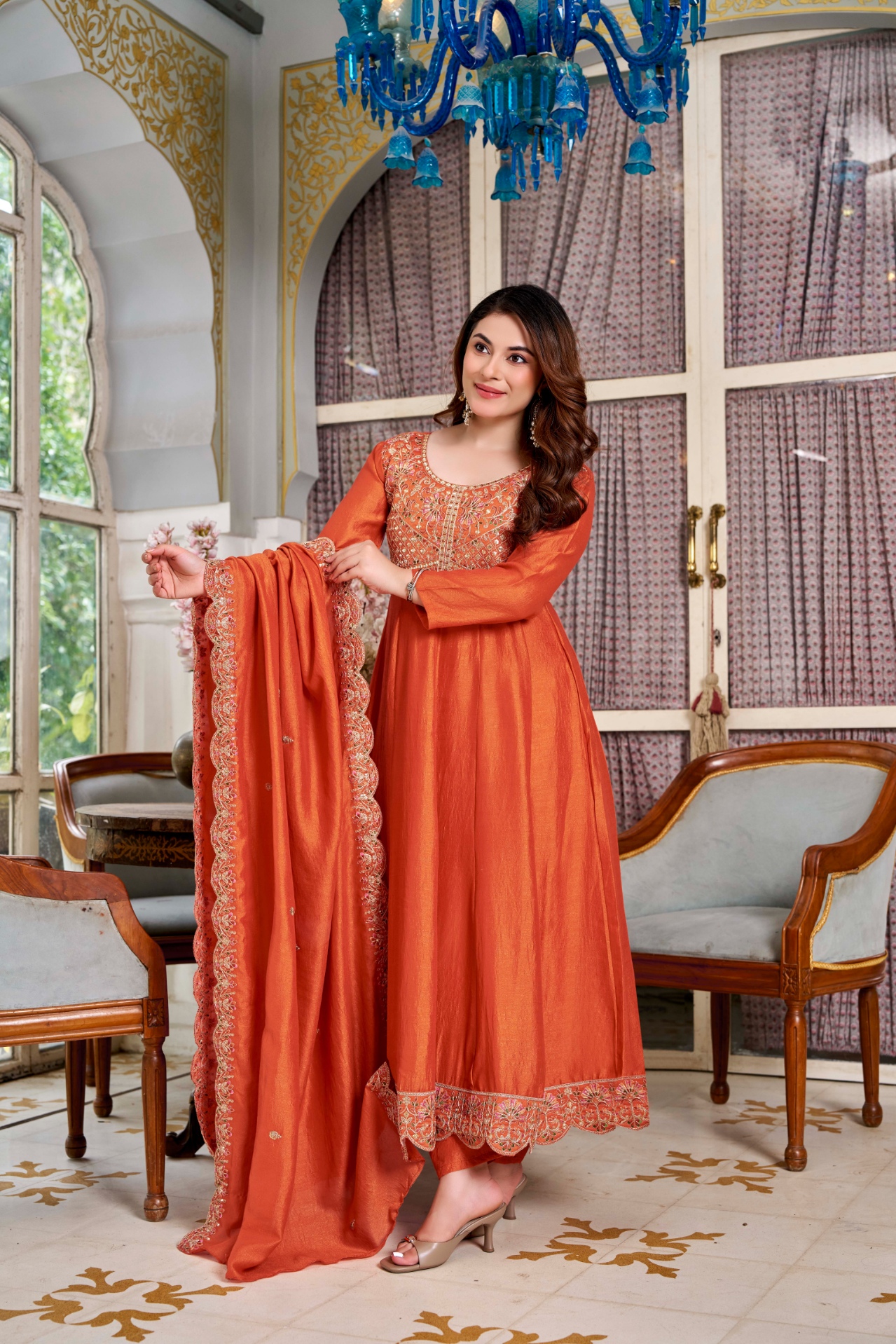Rust Designer Embroidery Vichitra Anarkali Suit