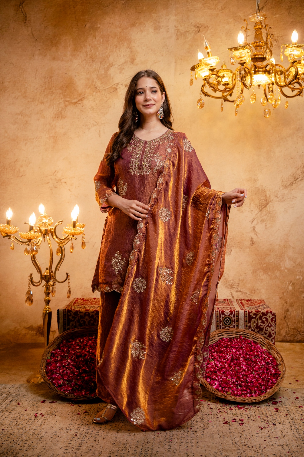 Rust Designer Embroidery Work Fendy Palazzo Suit