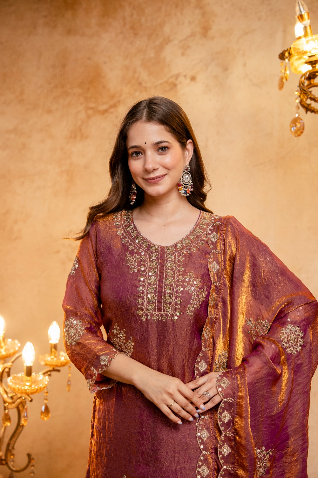 Rust Designer Embroidery Work Fendy Palazzo Suit