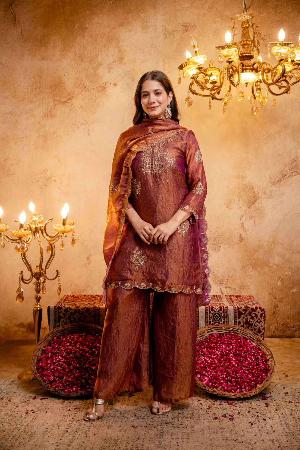 Rust Designer Embroidery Work Fendy Palazzo Suit