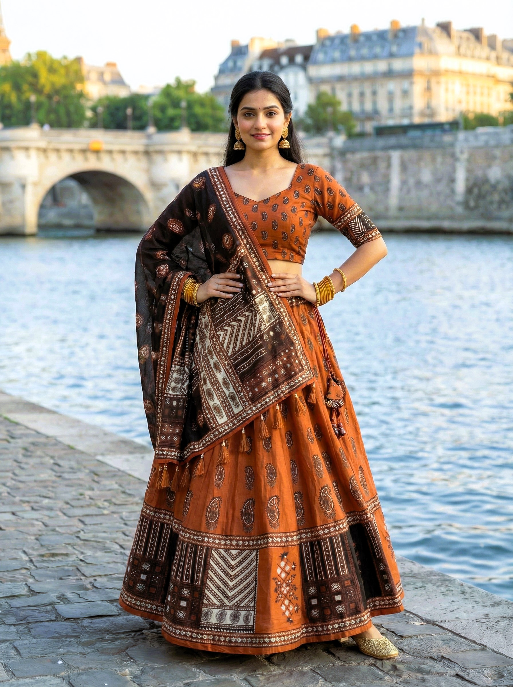 Rust Designer Printed Cotton Rayon Lehenga Choli