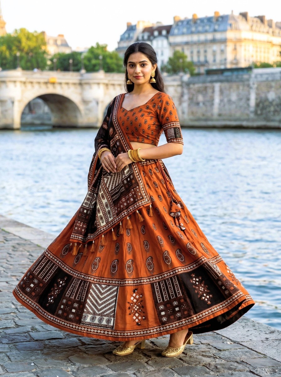 Rust Designer Printed Cotton Rayon Lehenga Choli