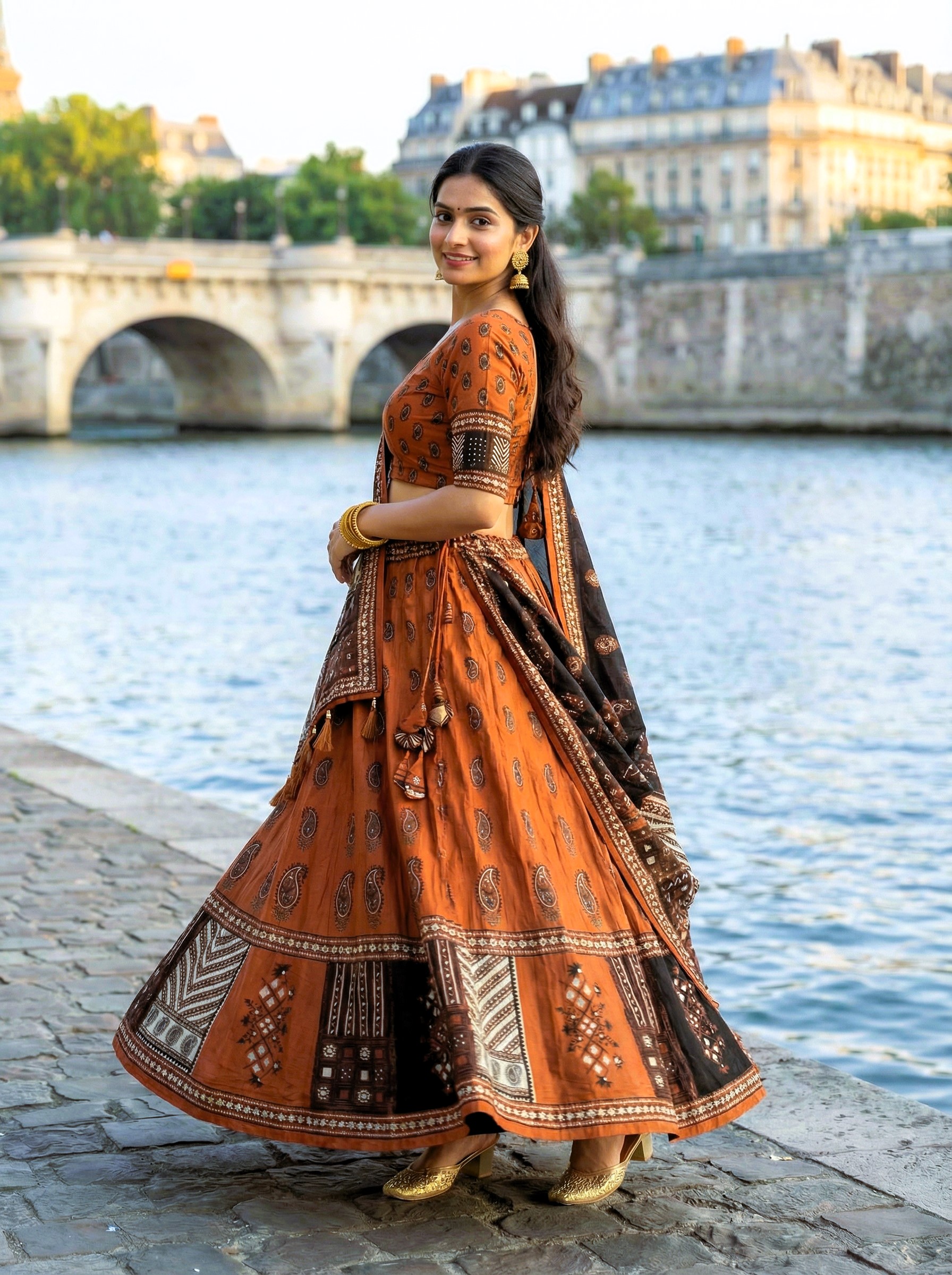 Rust Designer Printed Cotton Rayon Lehenga Choli