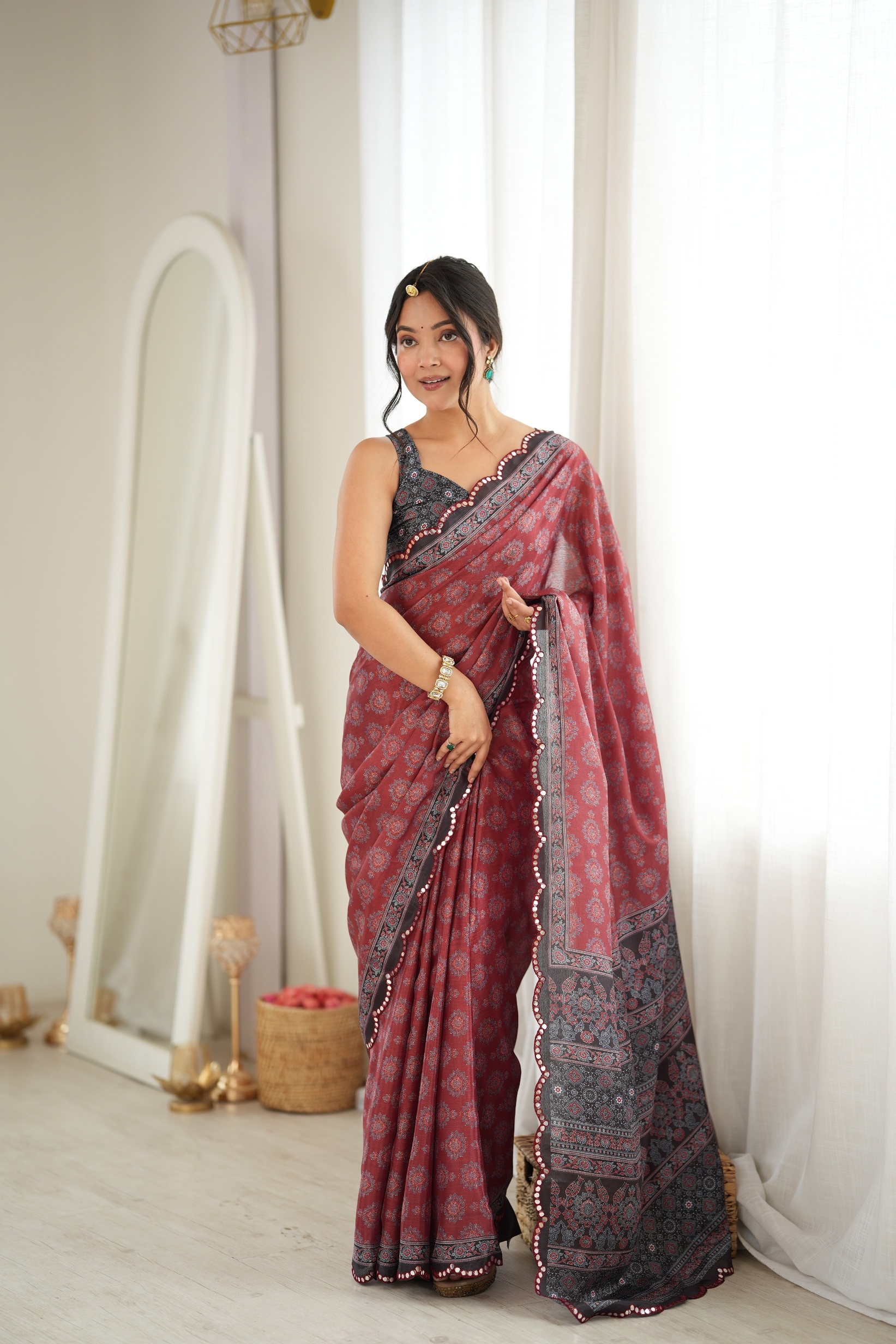 Rust Digital Printed Chinon Saree