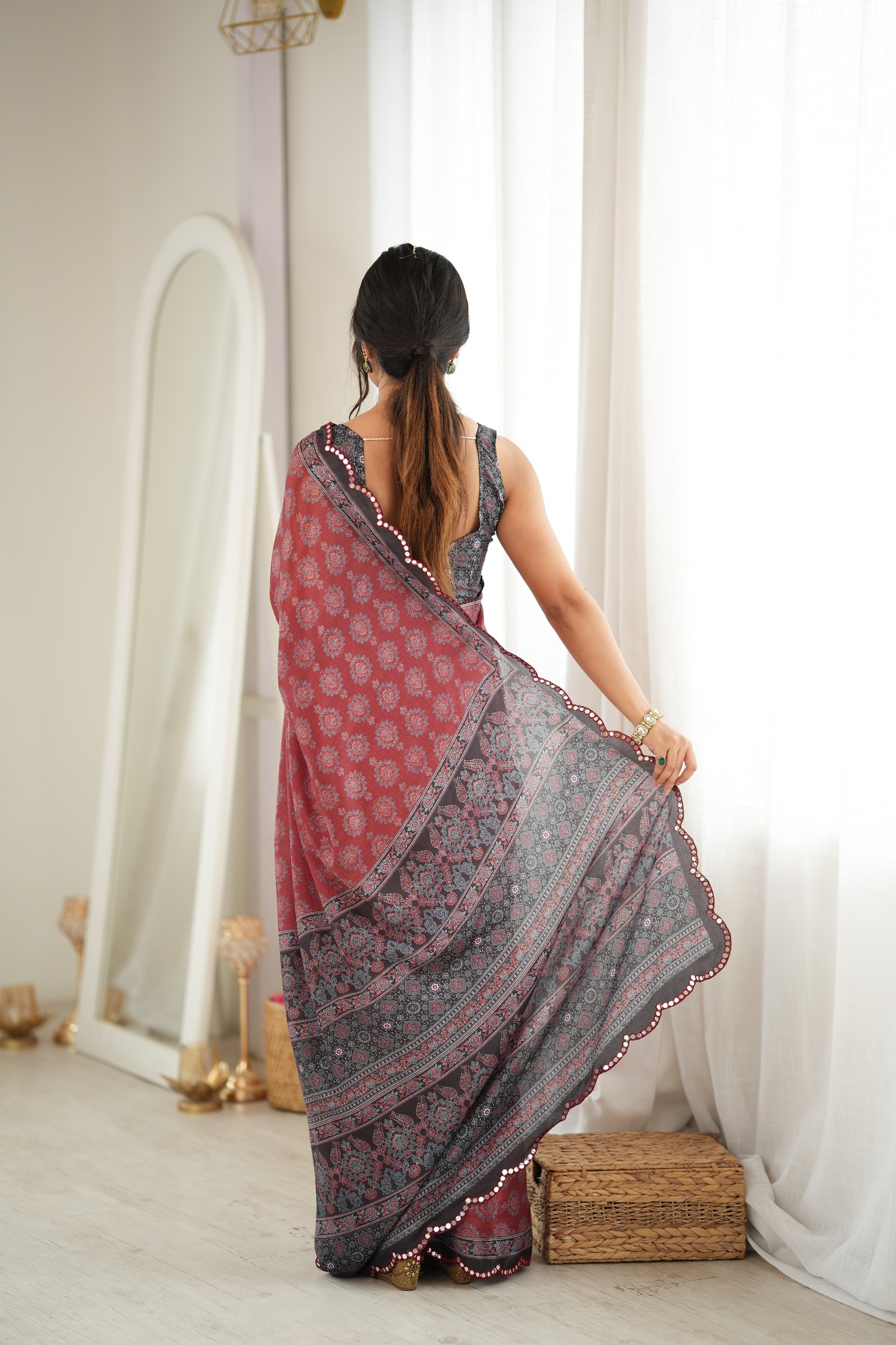Rust Digital Printed Chinon Saree — alternate view