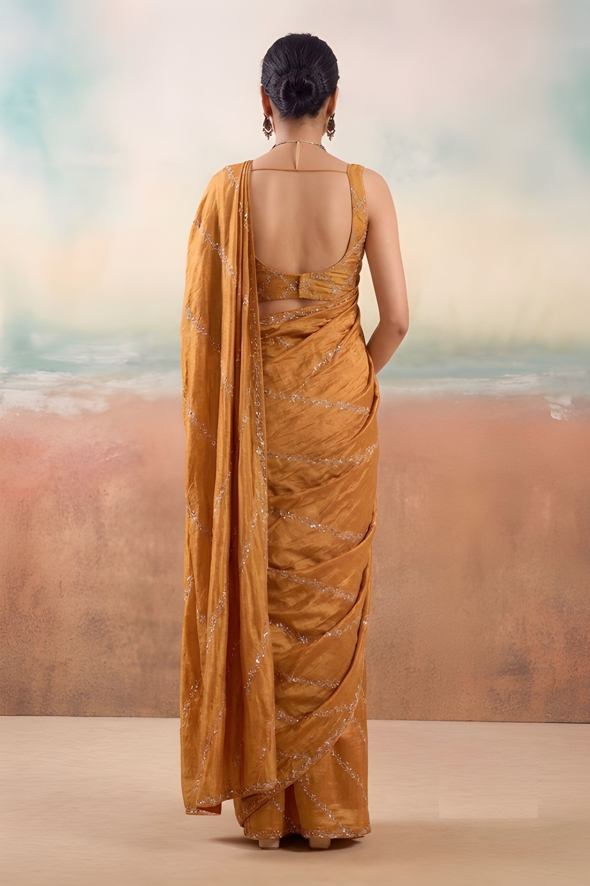 Rust Embroidered Chiffon Designer Saree — alternate view