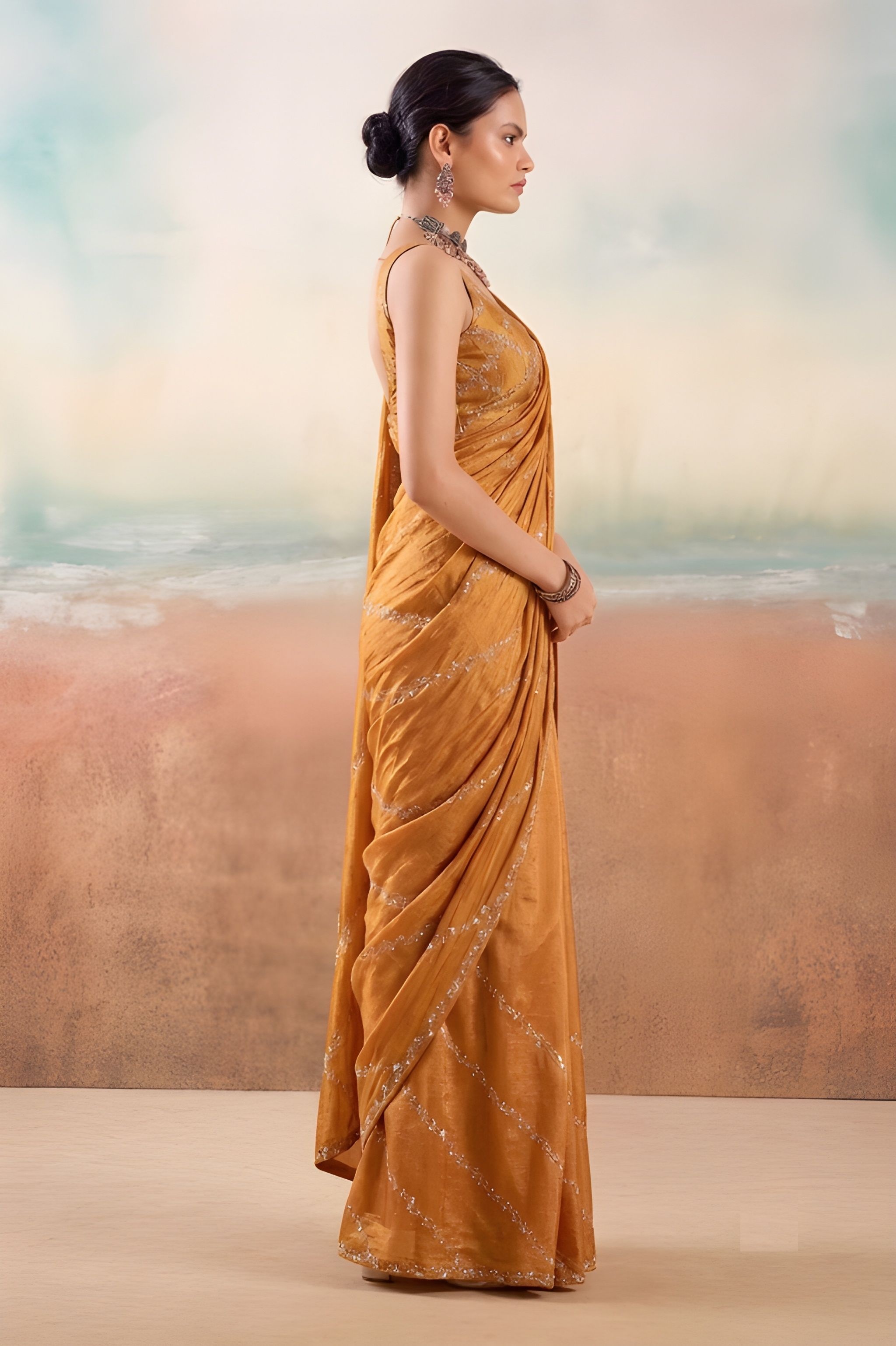 Rust Embroidered Chiffon Designer Saree