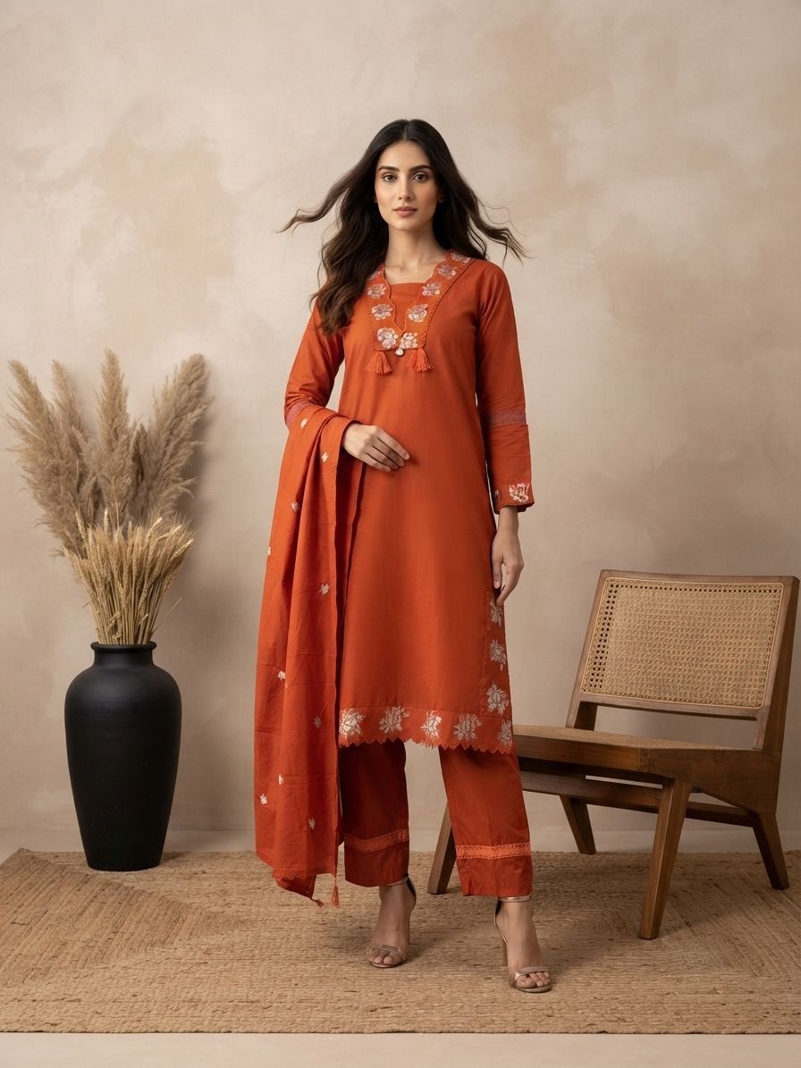 Rust Embroidered Cotton Heritage Straight Suit