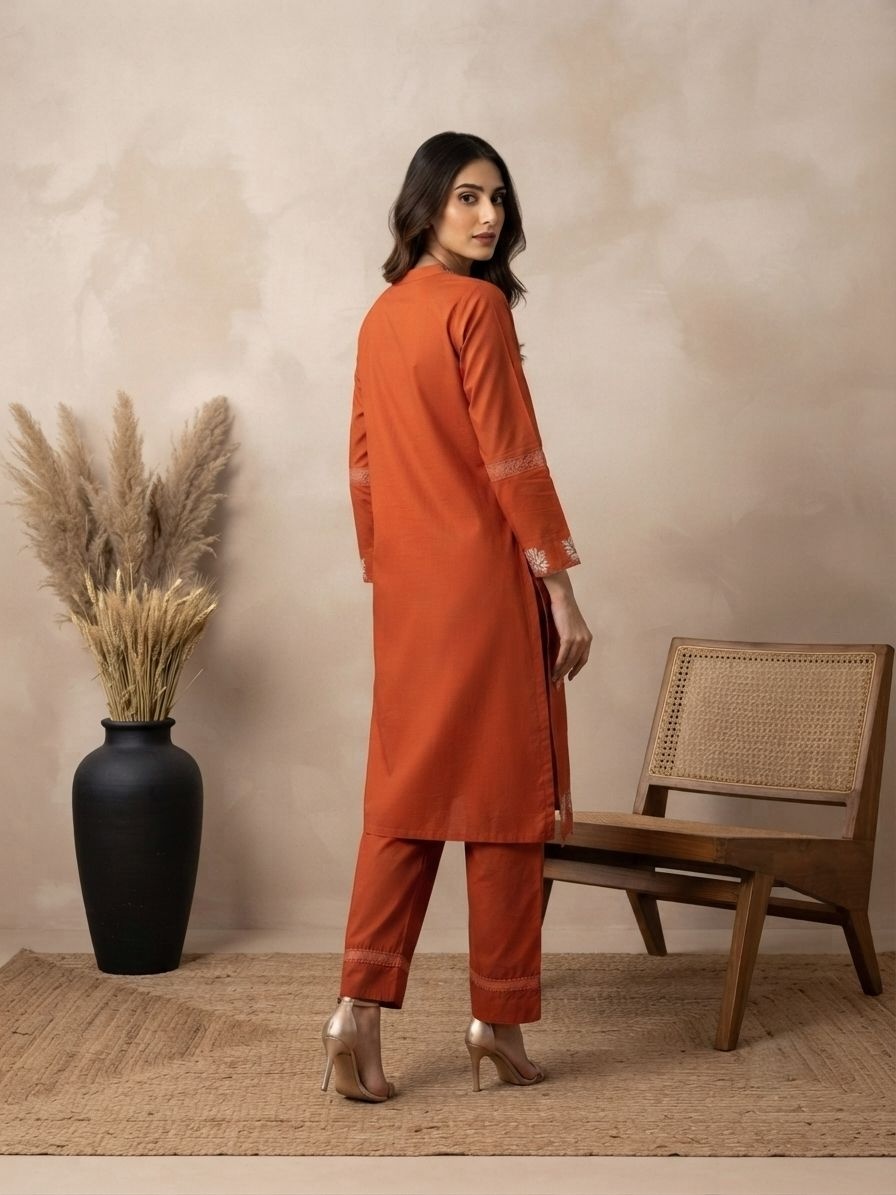 Rust Embroidered Cotton Heritage Straight Suit — alternate view