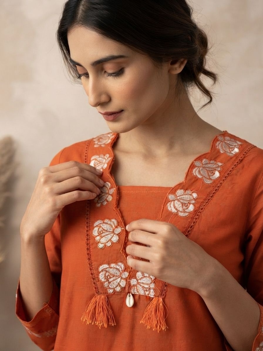 Rust Embroidered Cotton Heritage Straight Suit