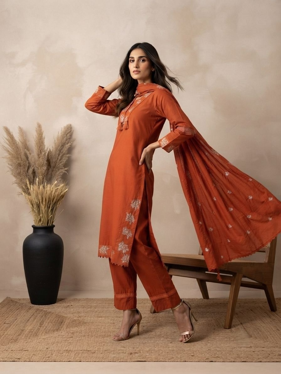 Rust Embroidered Cotton Heritage Straight Suit