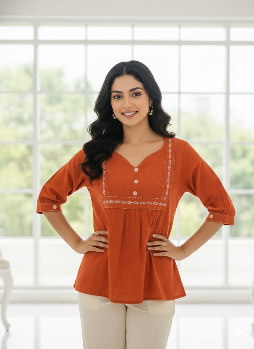 Rust Embroidered Cotton Peplum Tunic