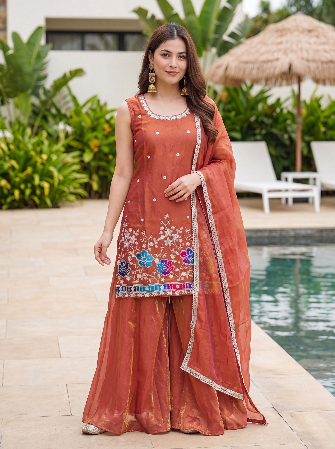 Rust Embroidered Fendy Silk Palazzo Suit