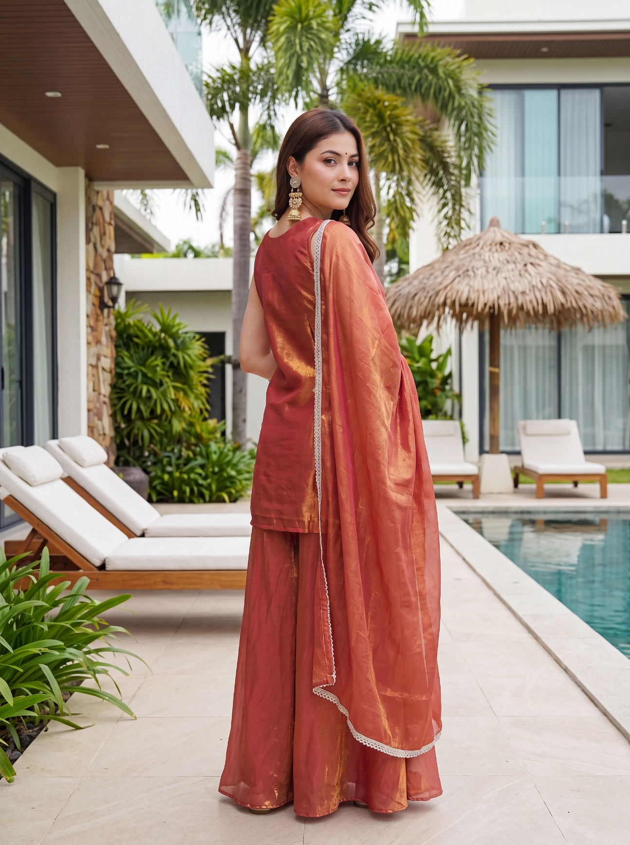Rust Embroidered Fendy Silk Palazzo Suit — alternate view