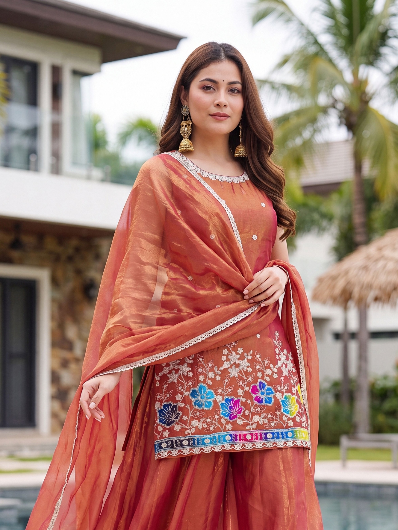Rust Embroidered Fendy Silk Palazzo Suit