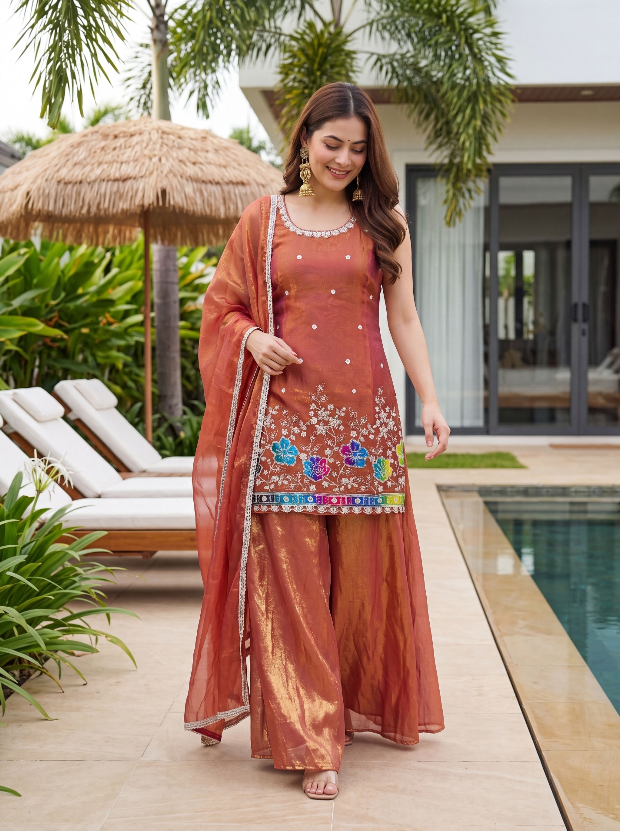 Rust Embroidered Fendy Silk Palazzo Suit