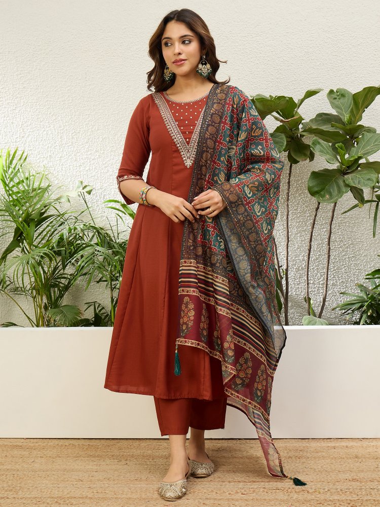 Rust Embroidered Jio Cotton Straight Suit