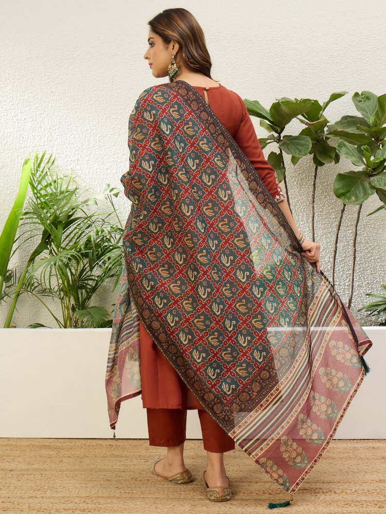 Rust Embroidered Jio Cotton Straight Suit — alternate view