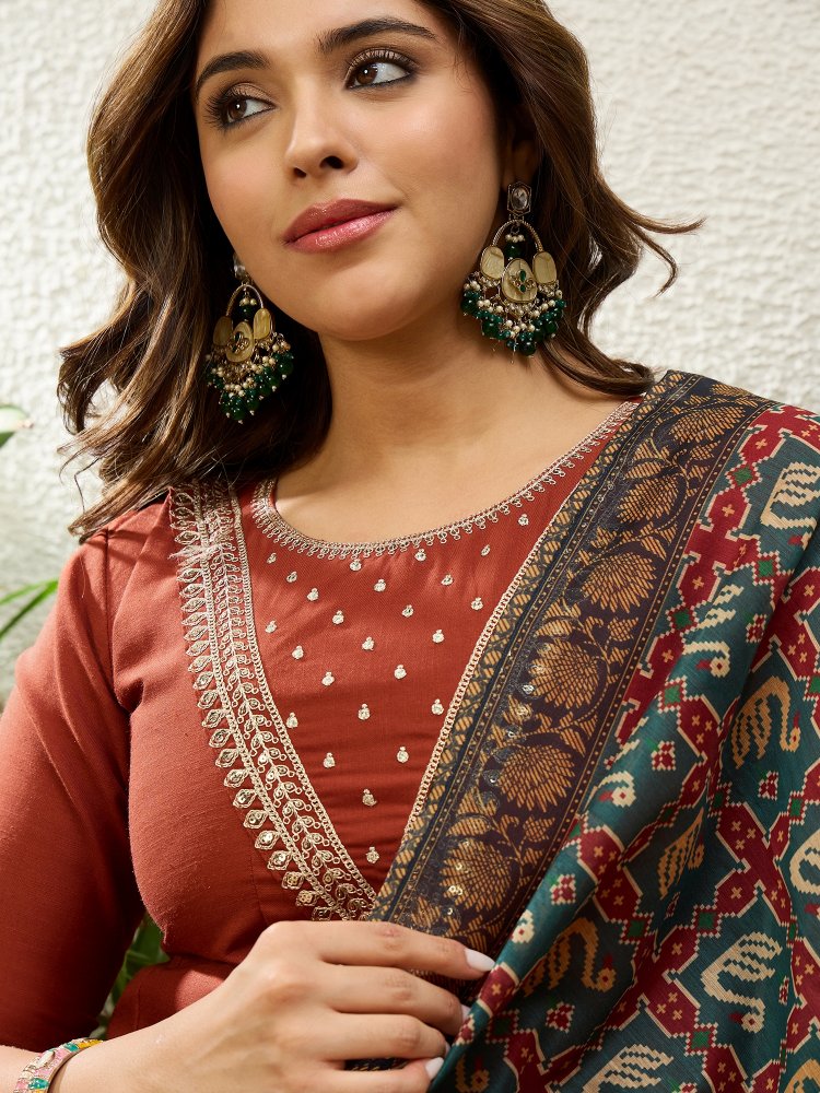 Rust Embroidered Jio Cotton Straight Suit