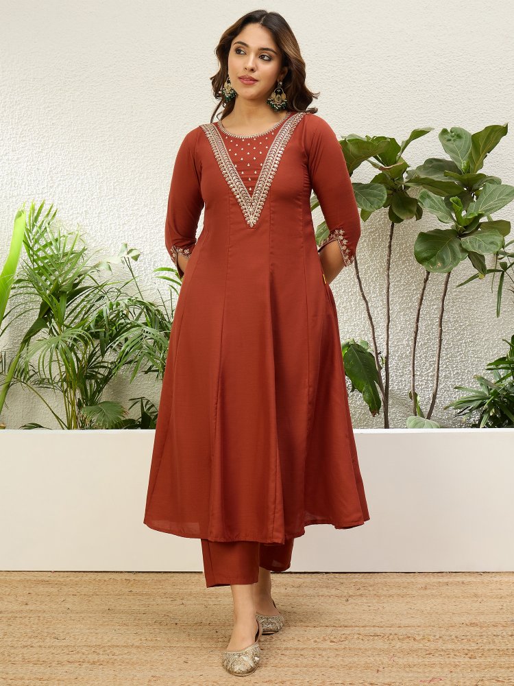 Rust Embroidered Jio Cotton Straight Suit