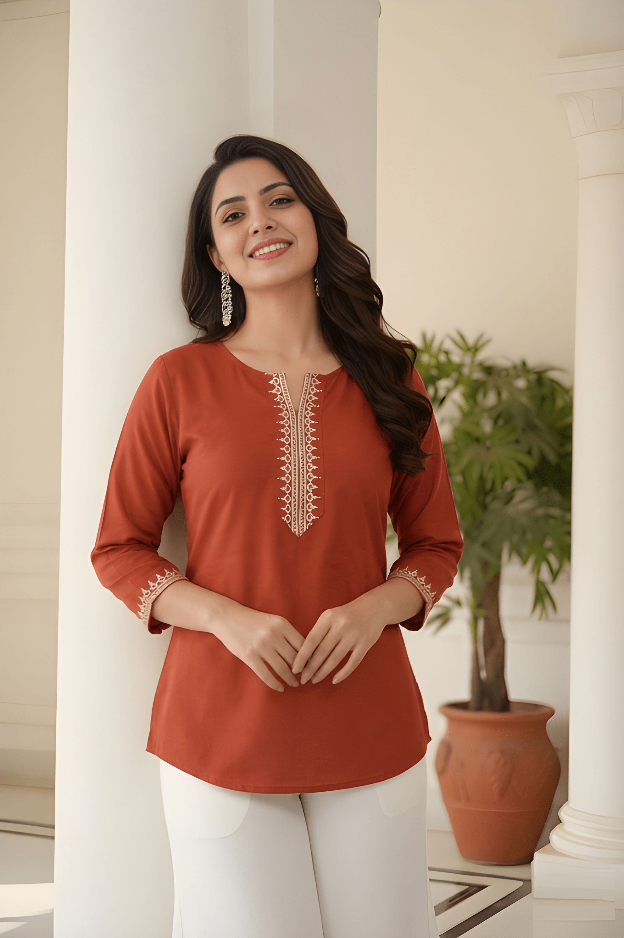 Rust Embroidered Roman Silk Tunic Top