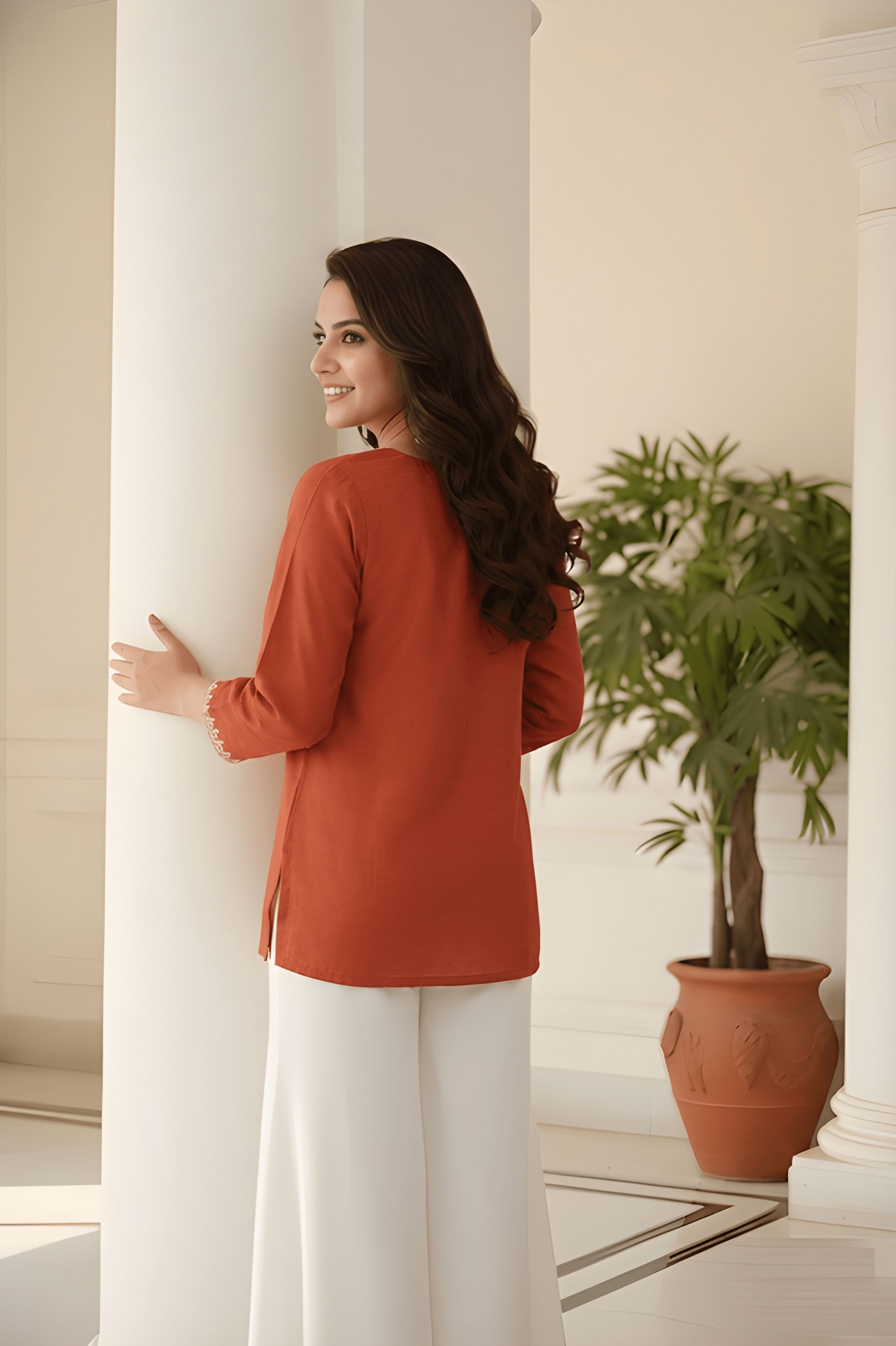 Rust Embroidered Roman Silk Tunic Top — alternate view