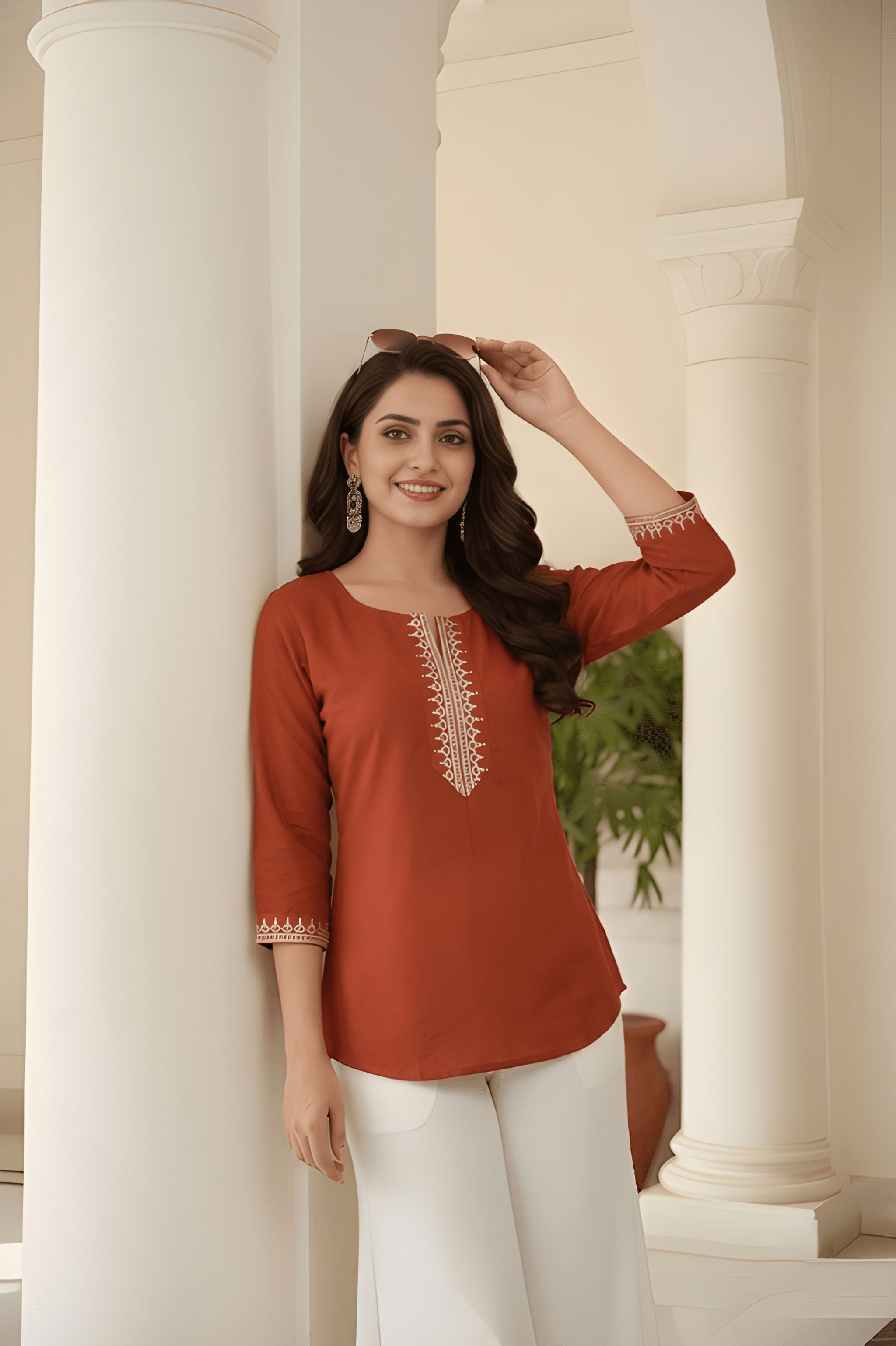 Rust Embroidered Roman Silk Tunic Top